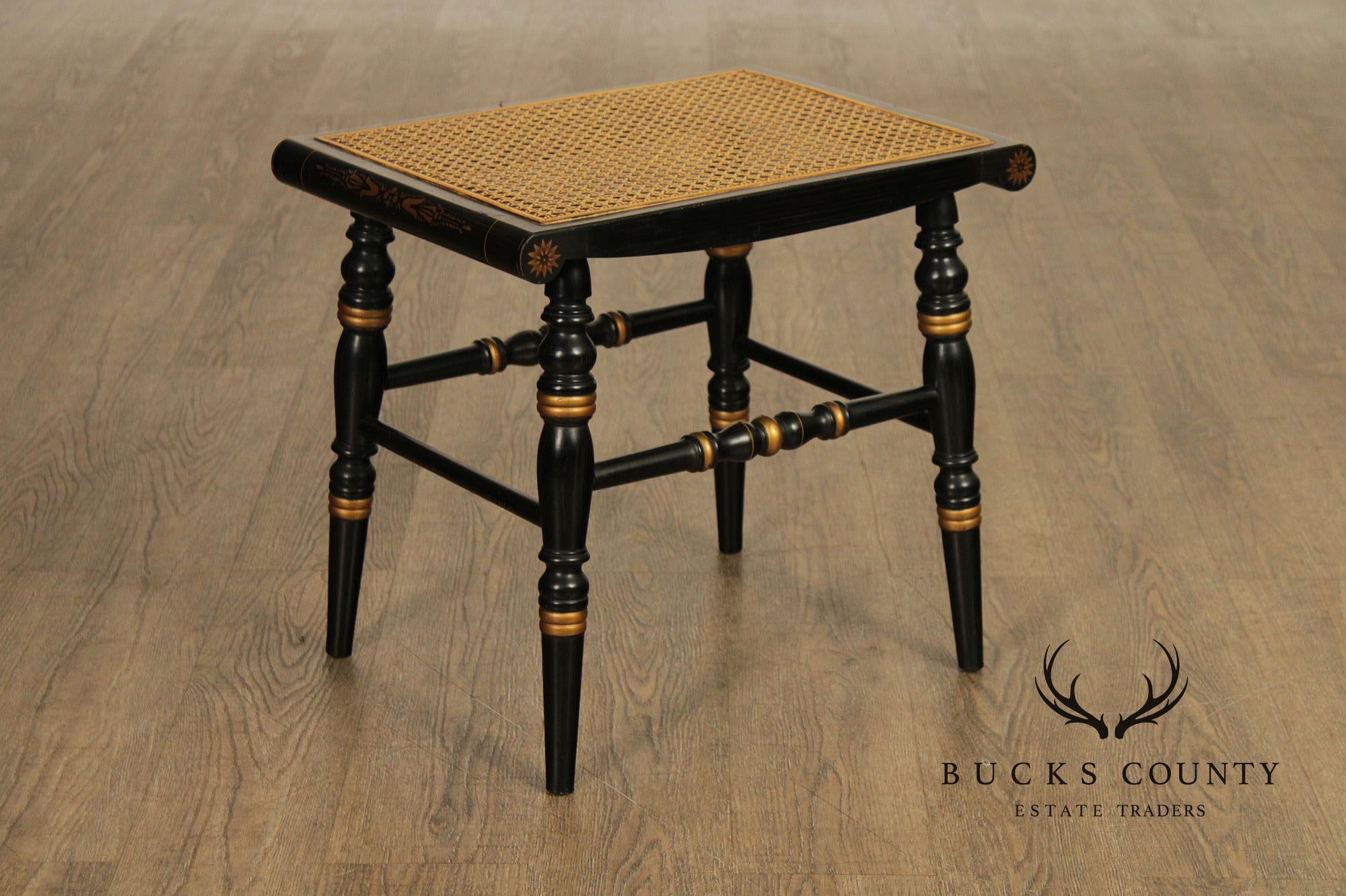 Pair Of L. Hitchcock Black And Gold Hand Stenciled Caned Benches