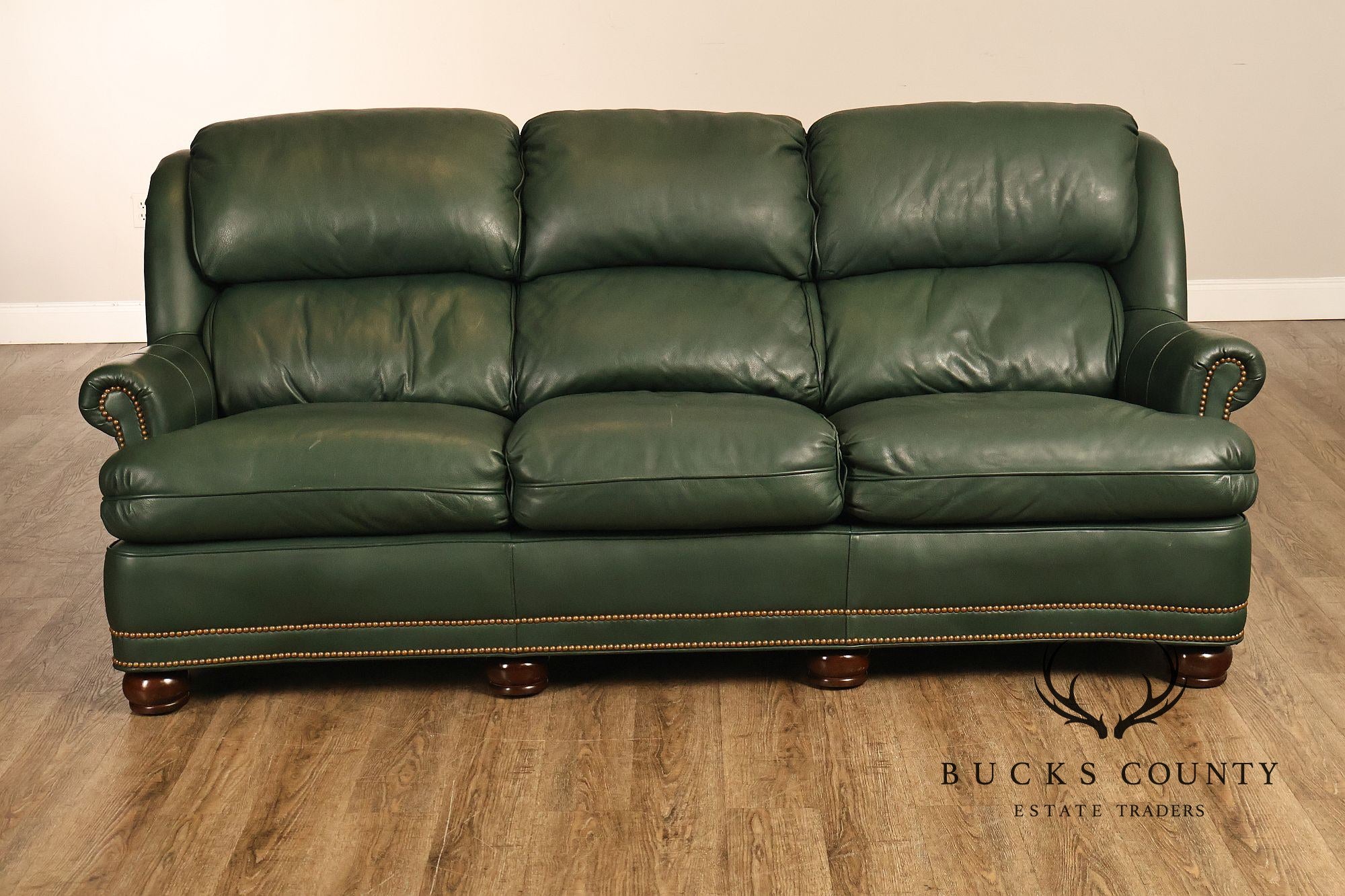 Hancock & Moore Green Leather Nailhead Trim Sofa