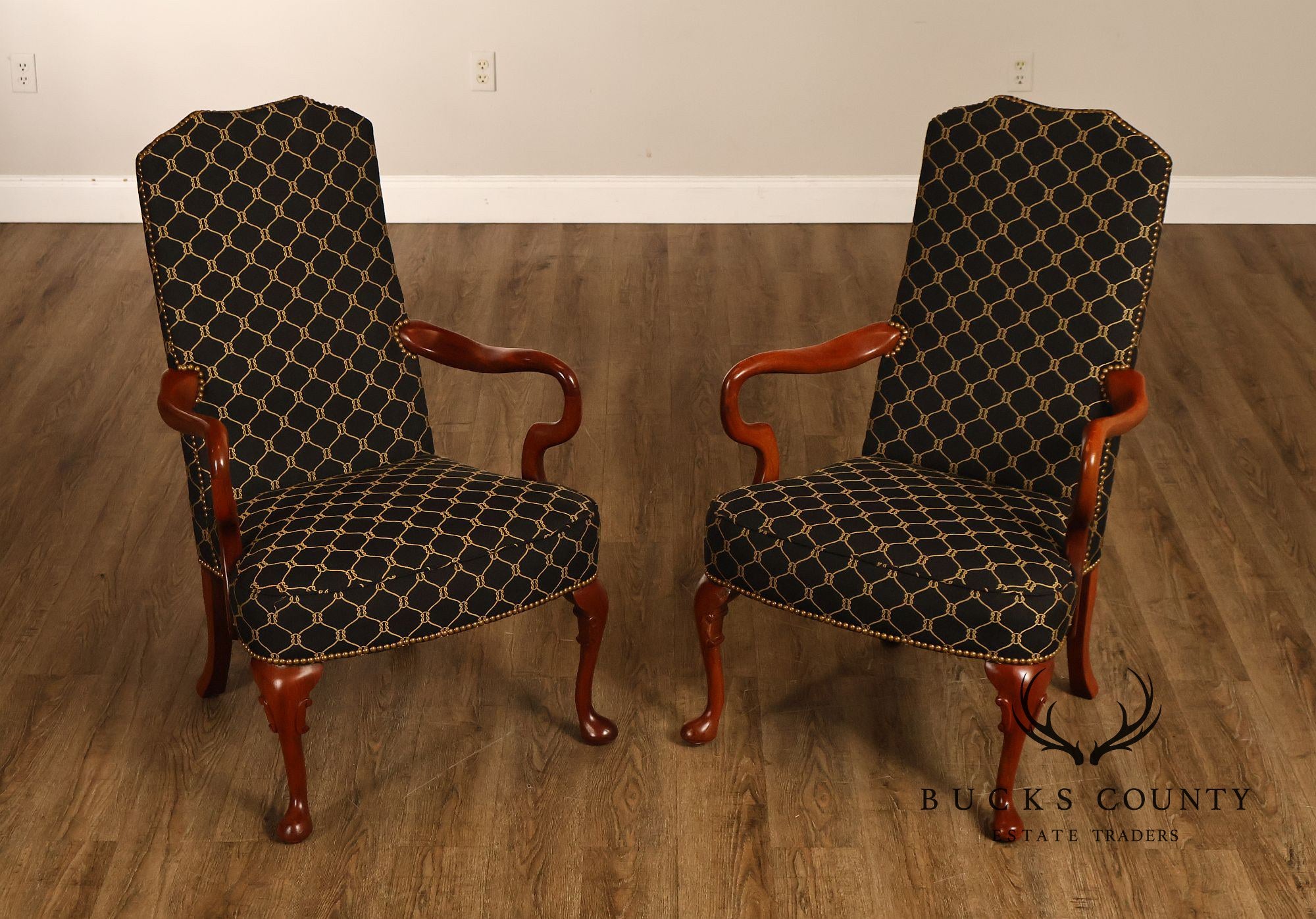 Queen Anne Style Pair Of Tall Back Upholstered Armchairs