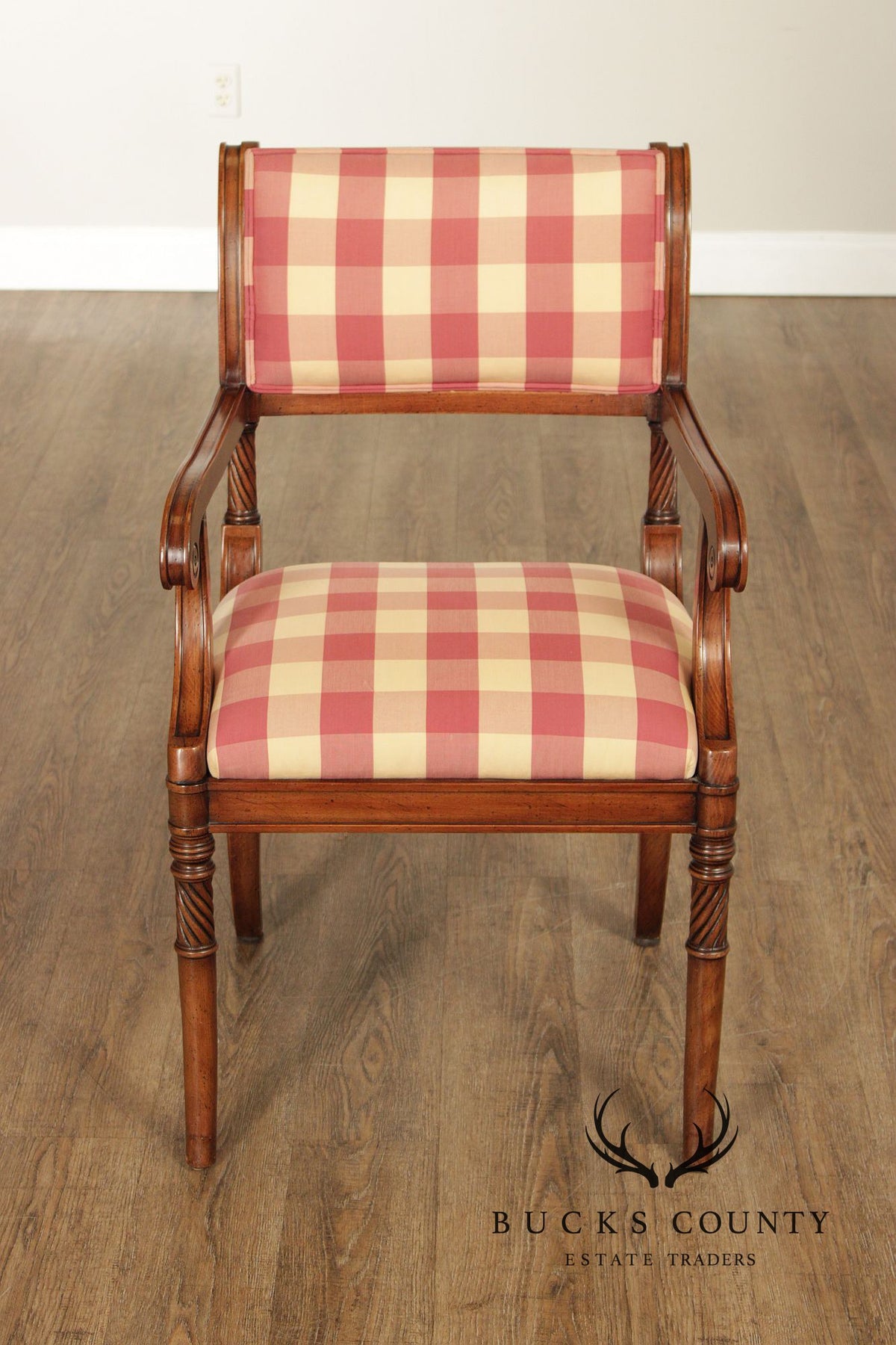 Guy Chaddock Set Of 4 Carved Wood Dining Armchairs In Scalamandré Check Fabric