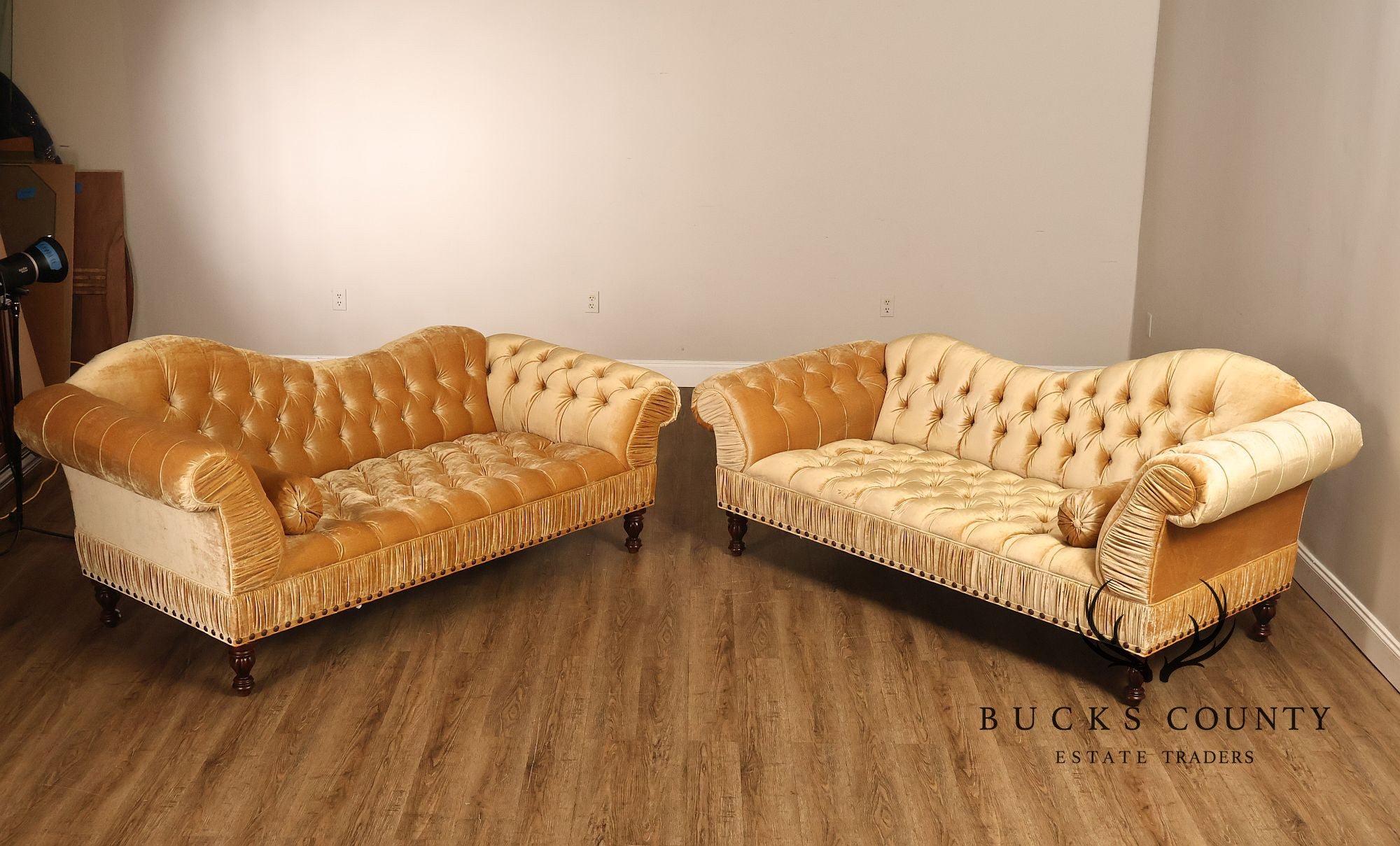 EJ Victor Victorian Revival Pair of Serpentine Tufted Velvet Sofas