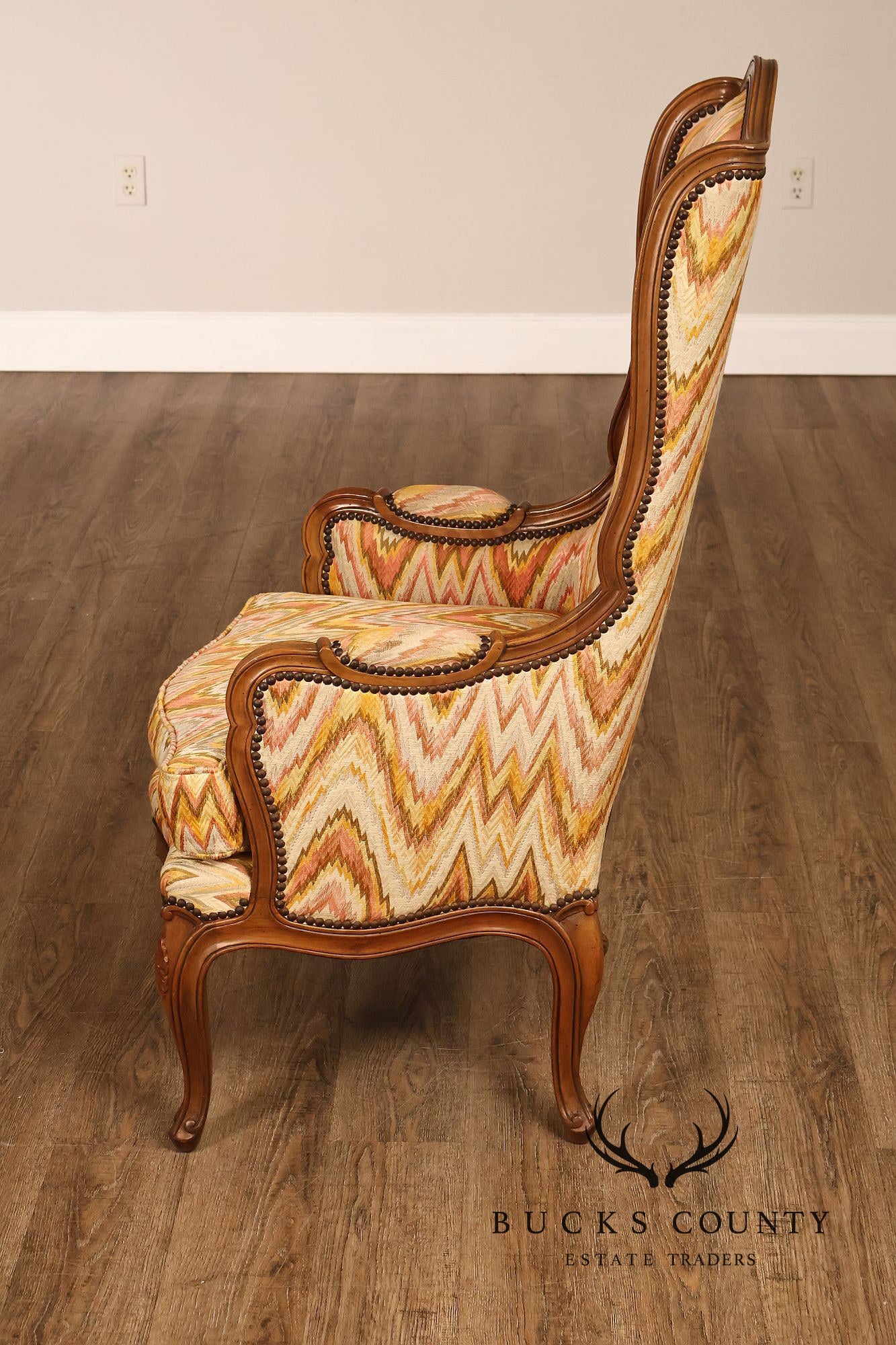 Baker Furniture French Style High Back Upholstered Wingback Armchair with Nailhead Trim