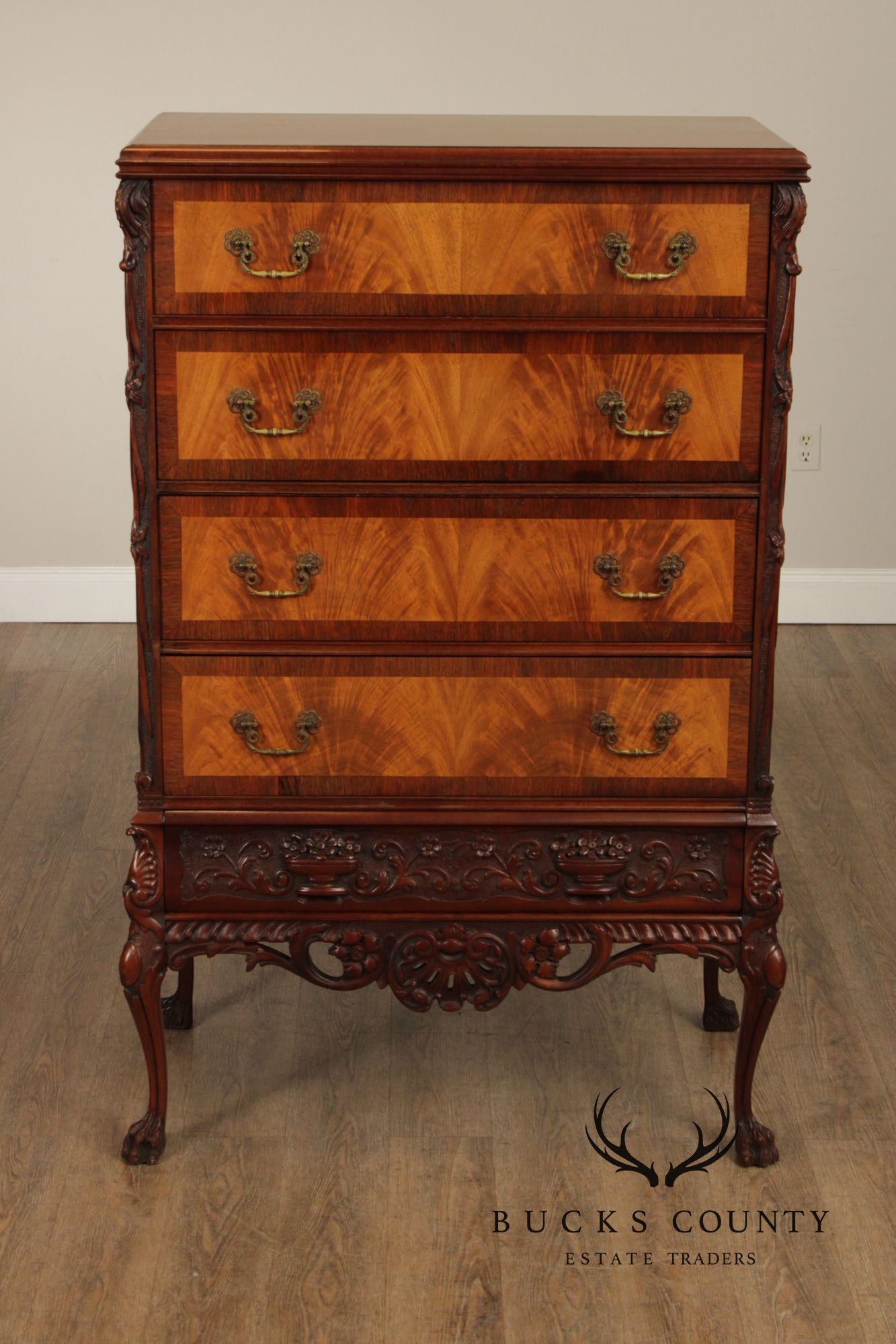 1930's Georgian Style Carved Mahogany Tall Chest