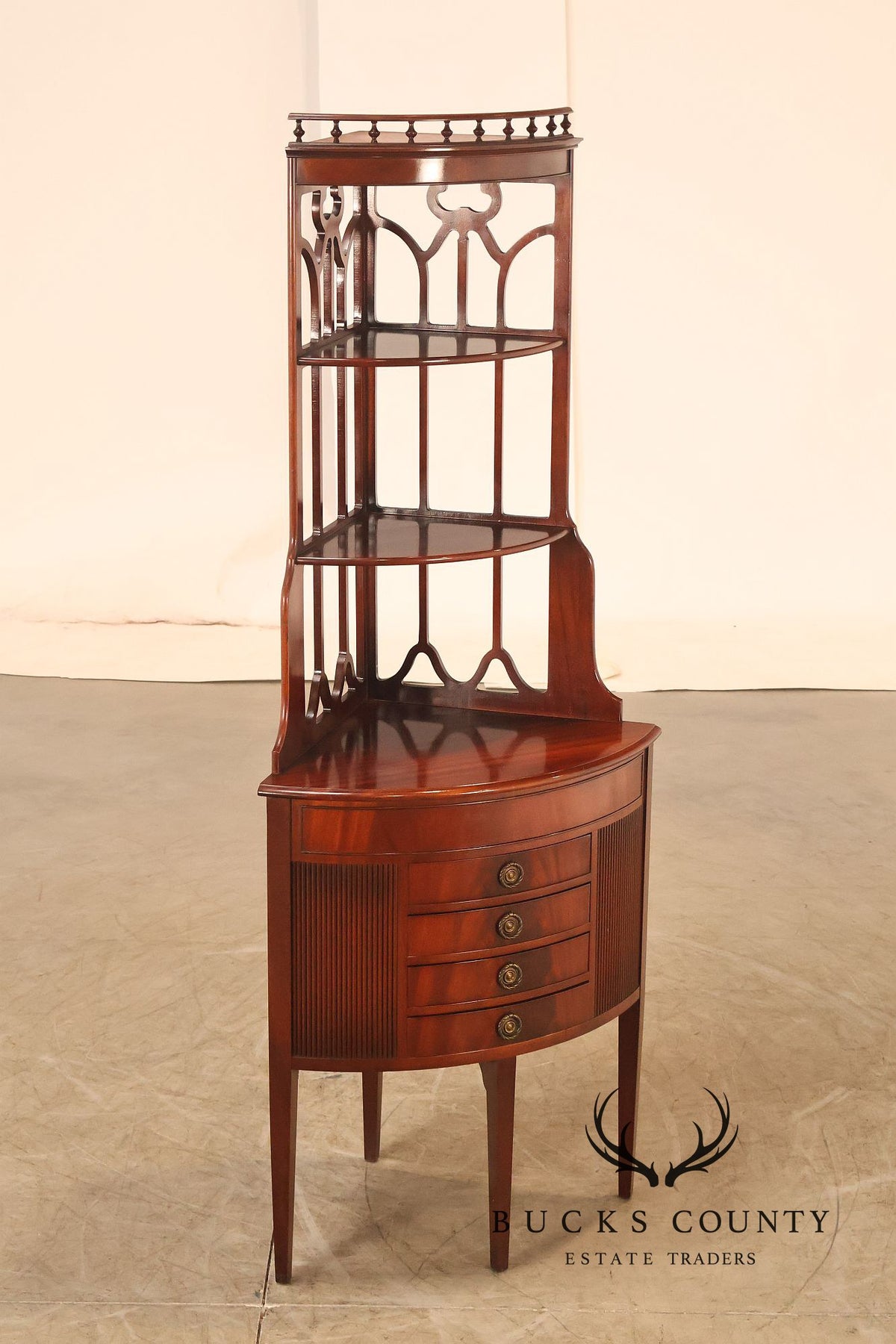 1940's Vintage Regency Style Mahogany Bow Front Corner Etagere With Four Drawers