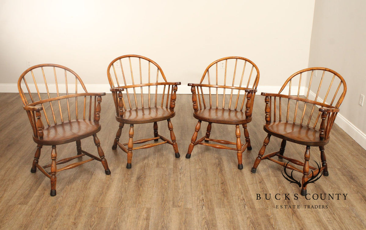 Antique Windsor Bow Back Set Of 4 Oak Dining Armchairs