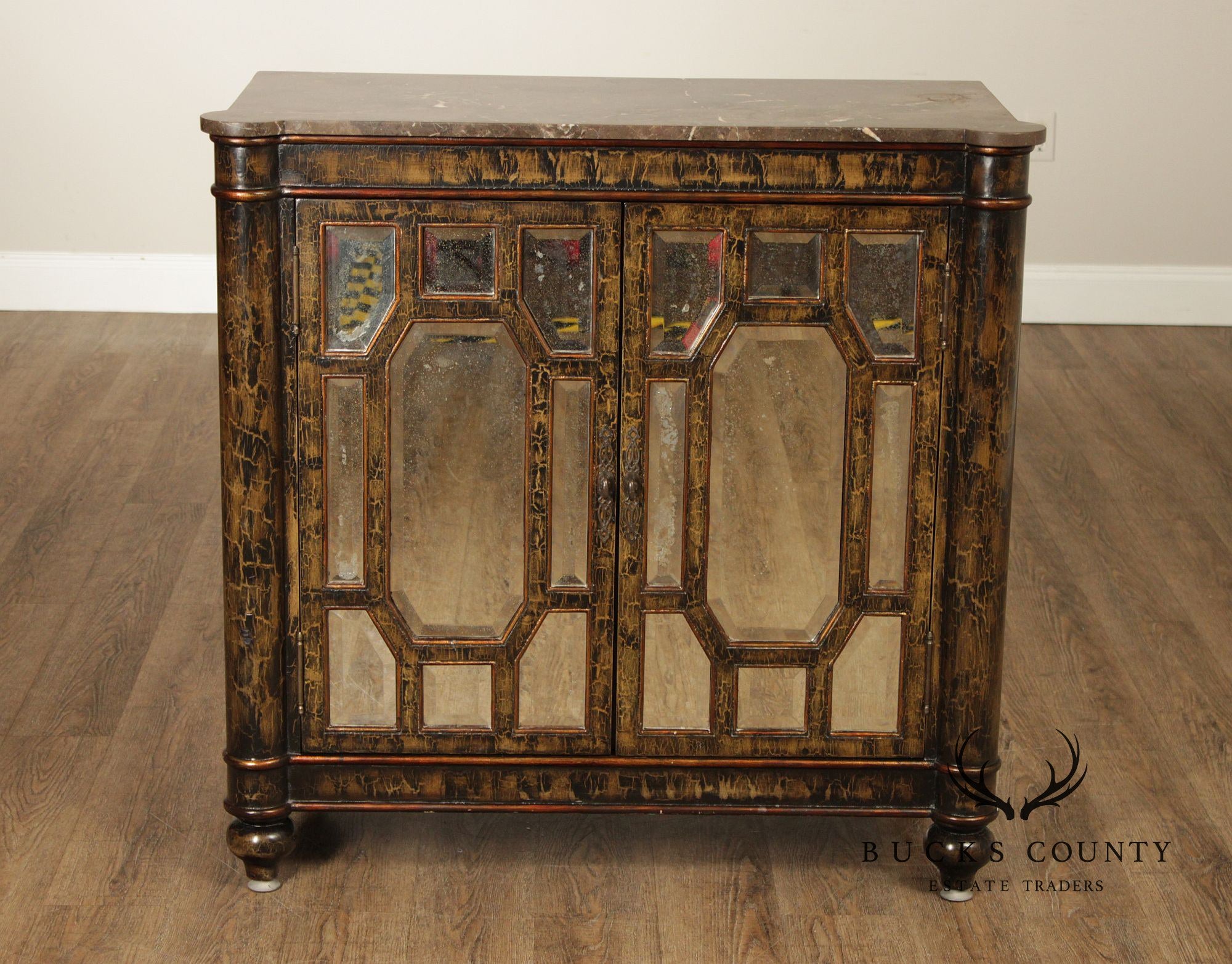 Hollywood Regency Style Pair Of Mirrored Cabinets With Marble Tops
