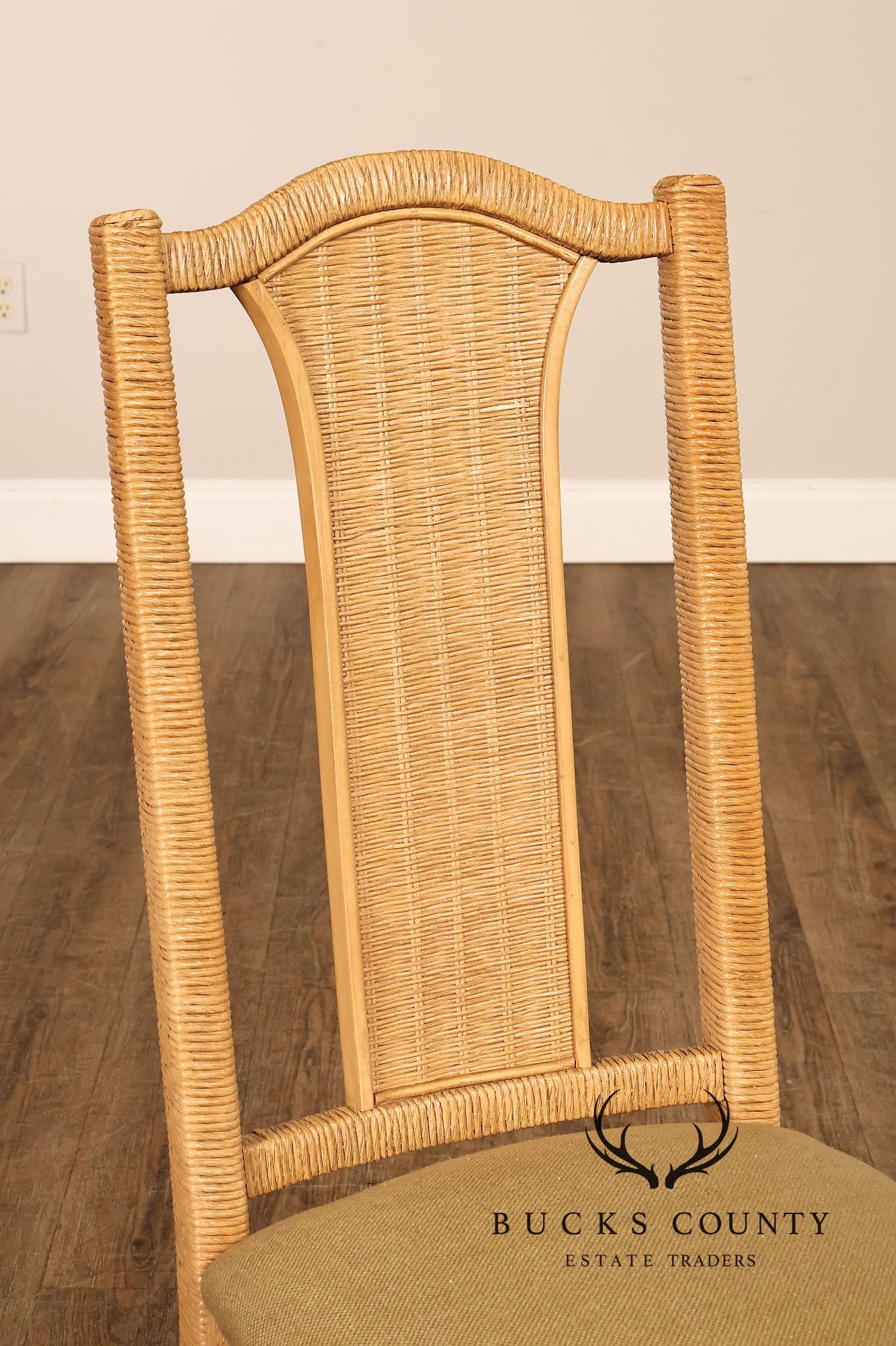 Vintage Wicker Set Of Six Dining Chairs With Upholstered Seats