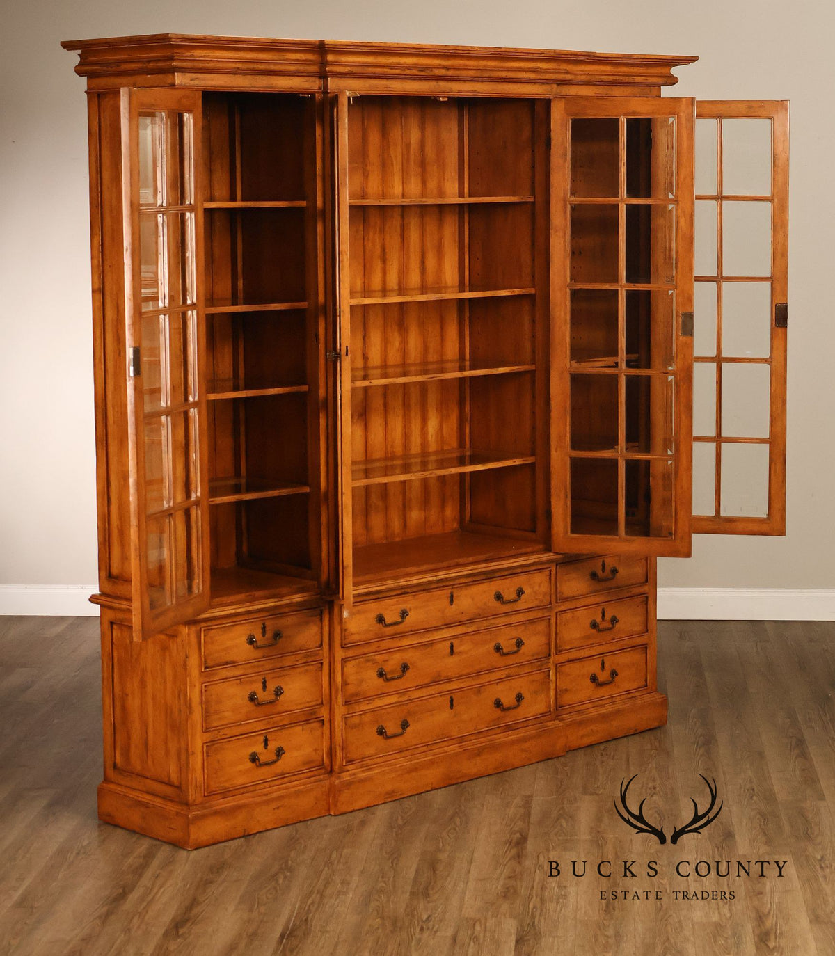 Guy Chaddock Large Rustic Pine Library Bookcase Breakfront With Glazed Doors And Drawers