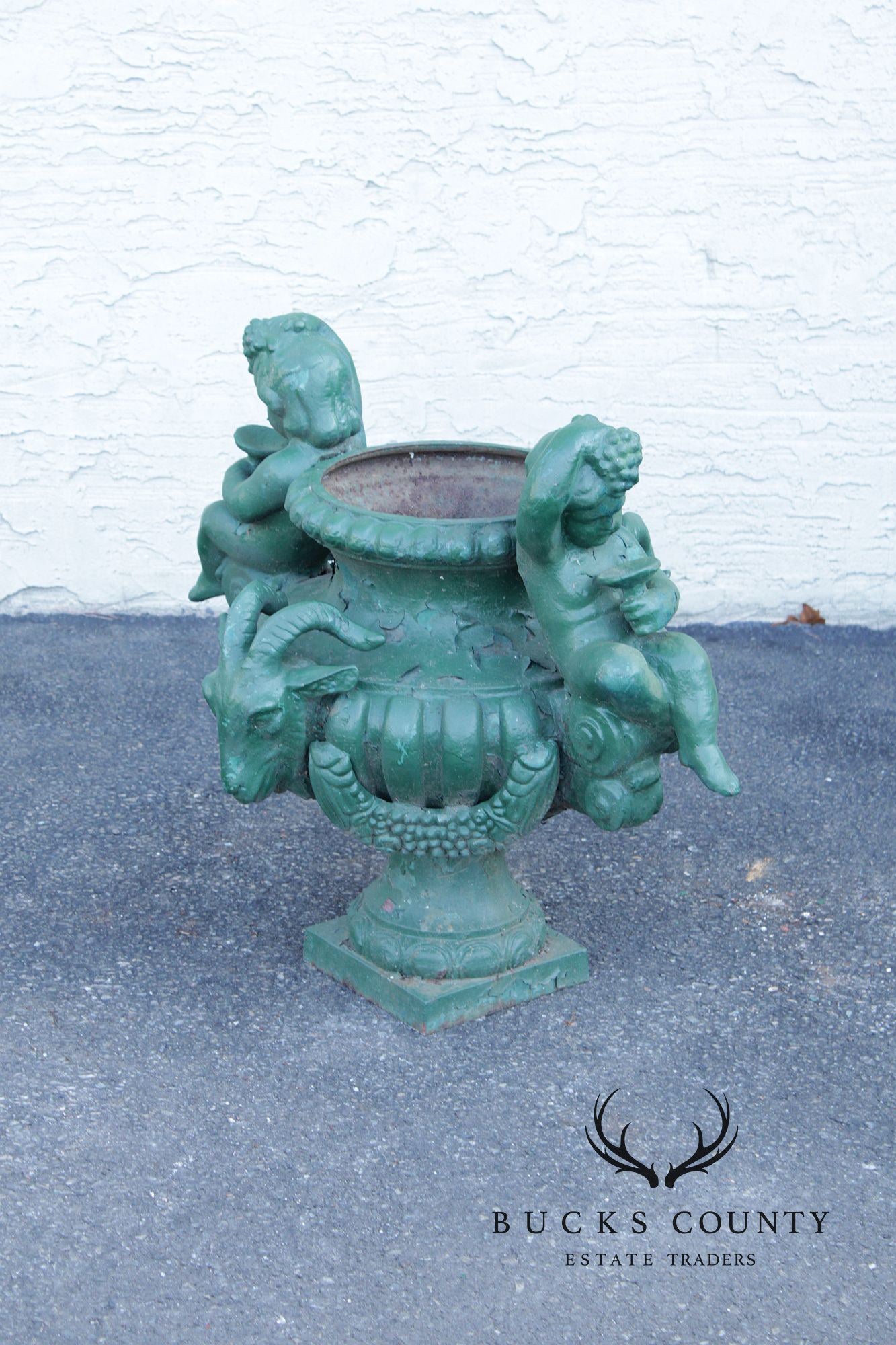 Antique Cast Iron Pair Of Cherub Garden Urn Planters