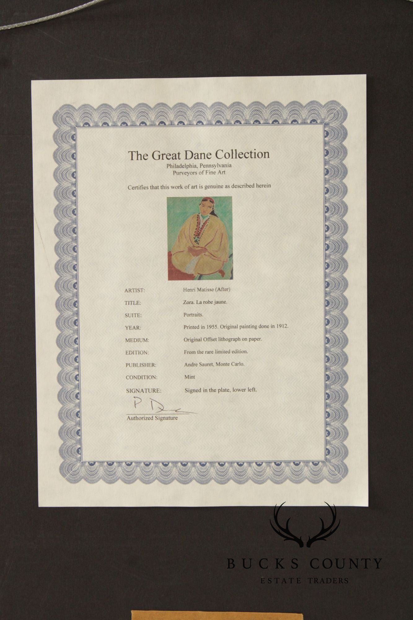 Henri Matisse Framed Lithograph, 'Zora, La Robe Jaune'