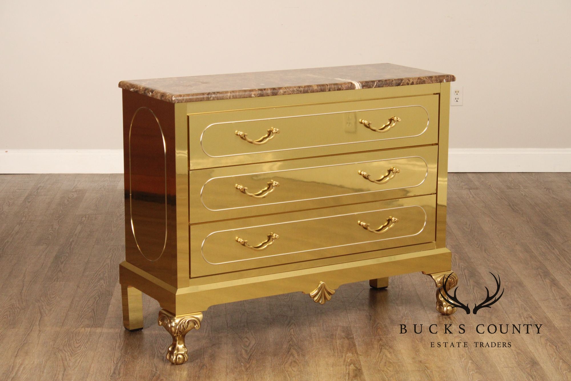 Harden Hollywood Regency Marble Top Brass Chest of Drawers