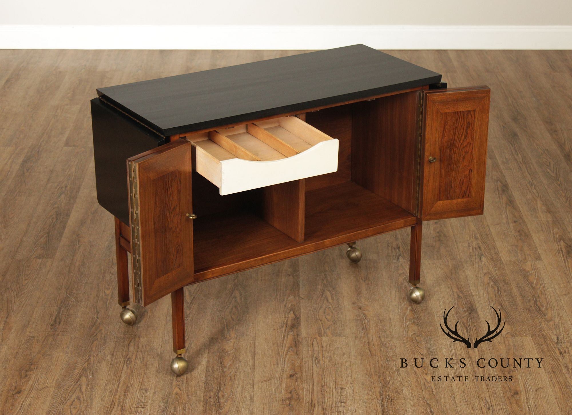 American Of Martinsville Mid Century Walnut And Rosewood Drop Leaf Bar Cart