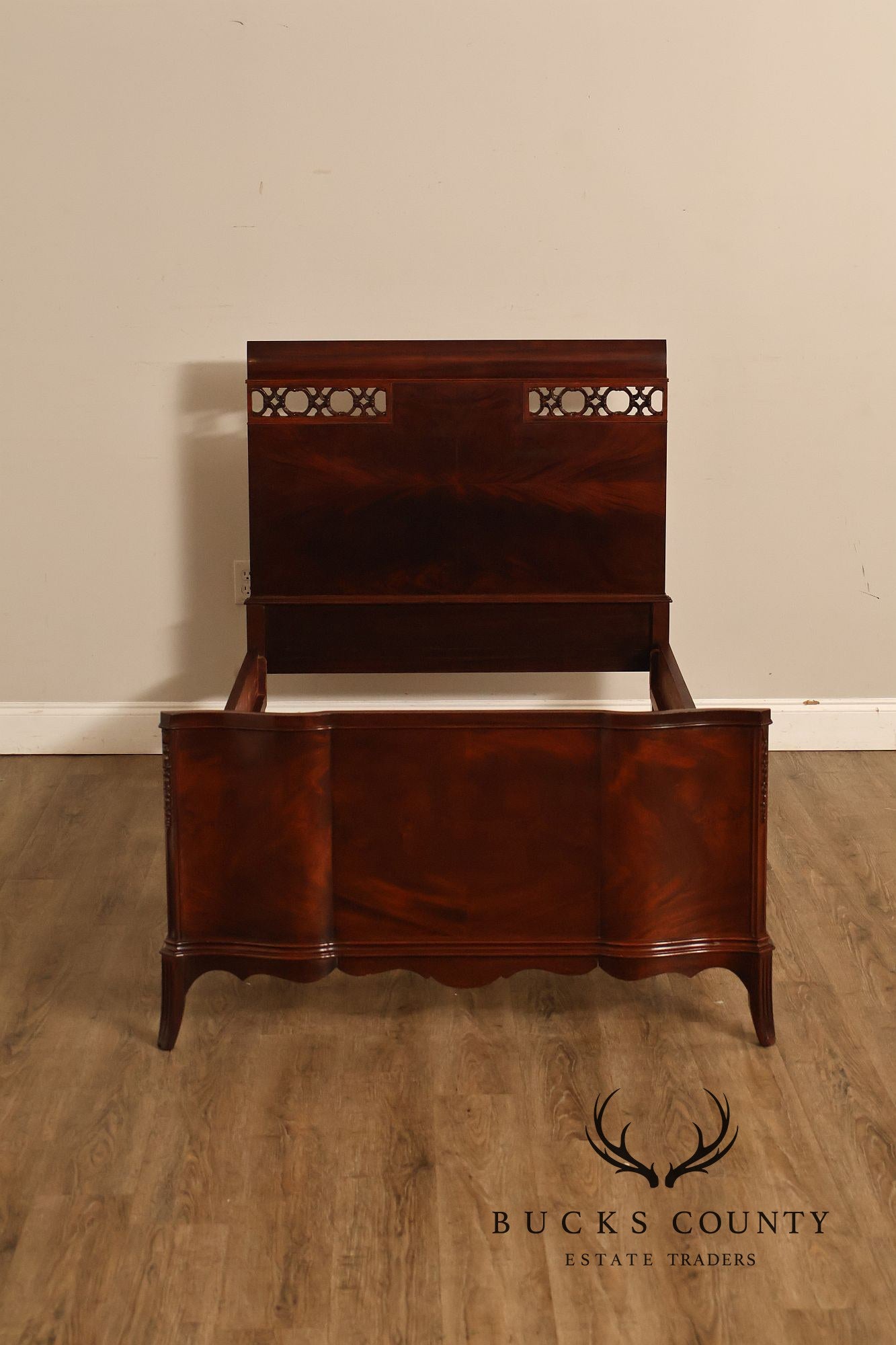 Pair of Vintage Flame Mahogany Twin Beds with Pierced Headboards, Circa 1940s