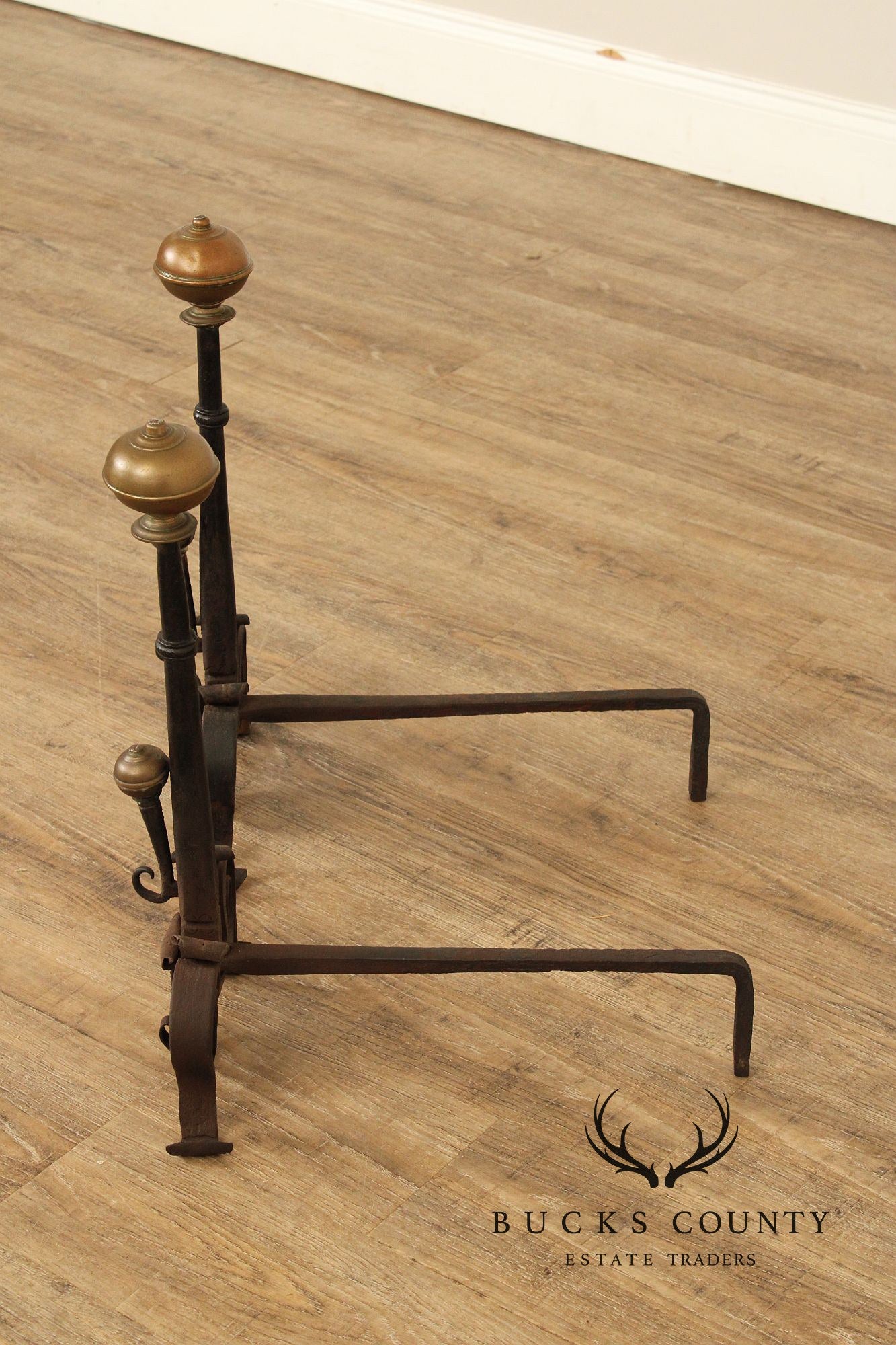 Antique Pair of Forged Iron and Brass Fireplace Andirons