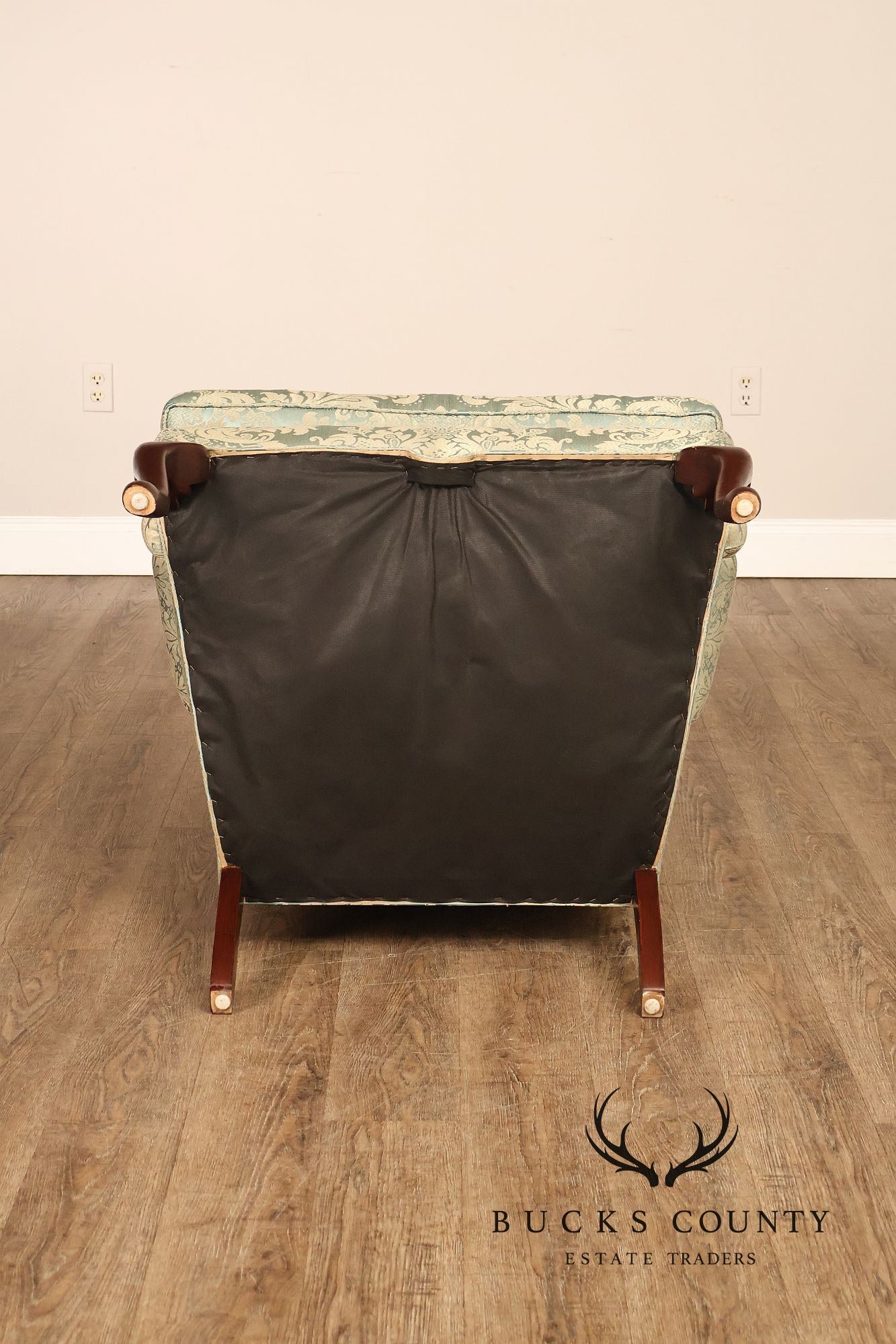 Quality Vintage Pair Of High Back Damask Upholstered Wing Chairs