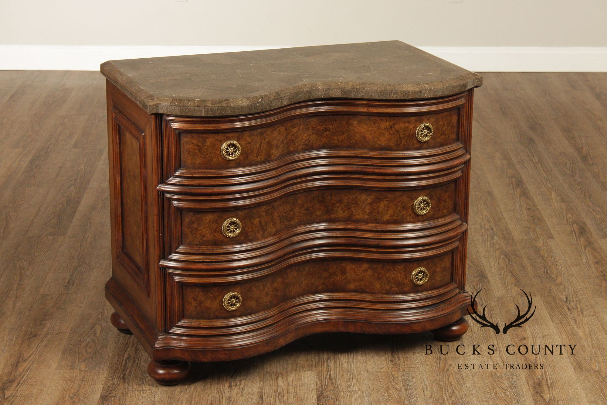 Maitland-Smith Pair of Baroque Style Tessellated Marble Top Burlwood Chests