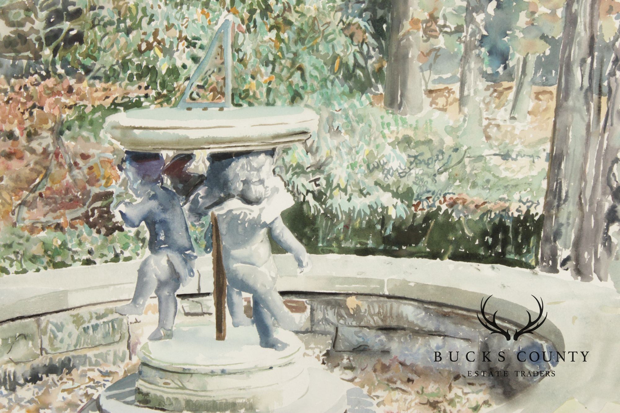 Raimond Del Noce Watercolor, Garden Fountain