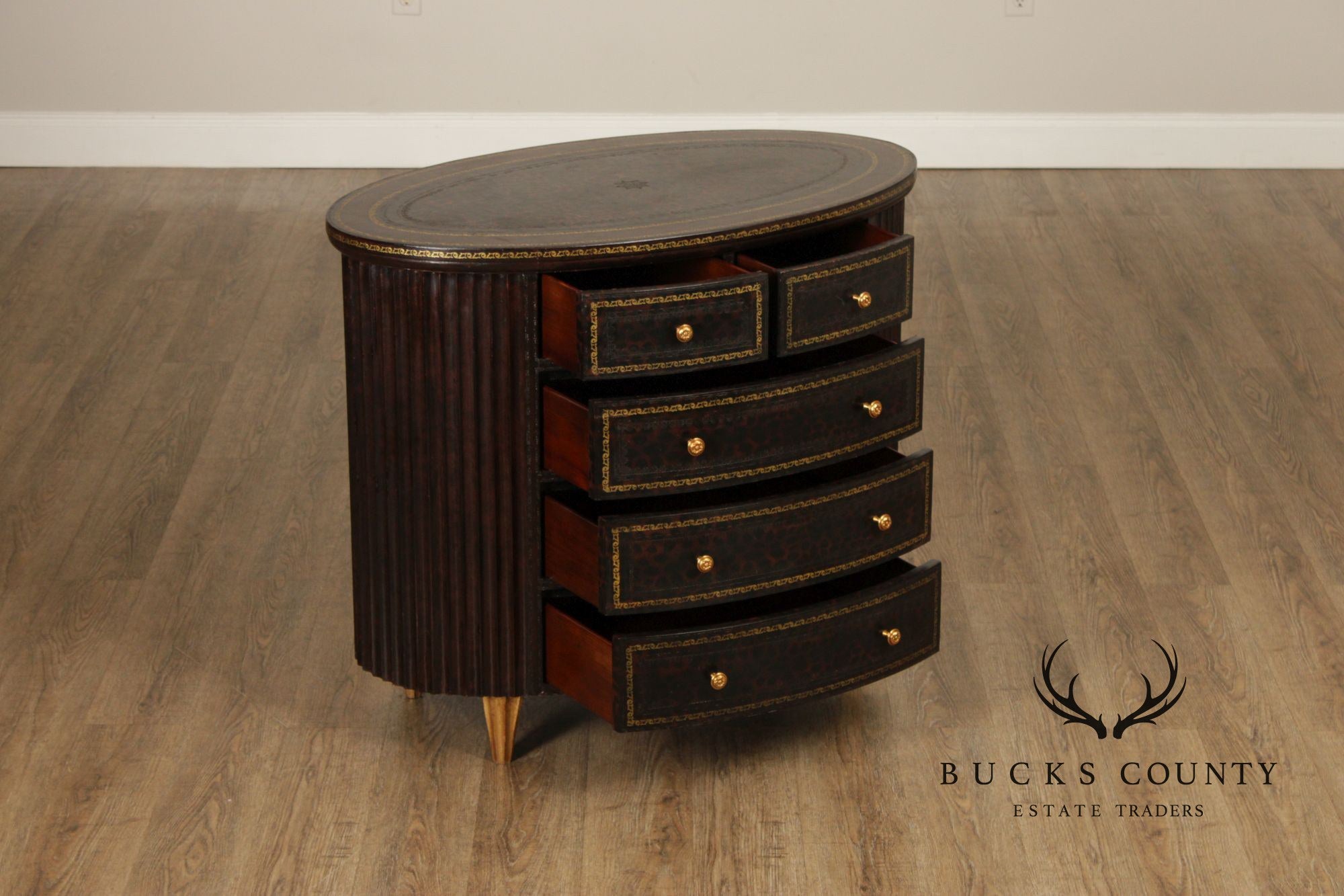 Maitland Smith Leather Wrapped Oval Chest Of Drawers