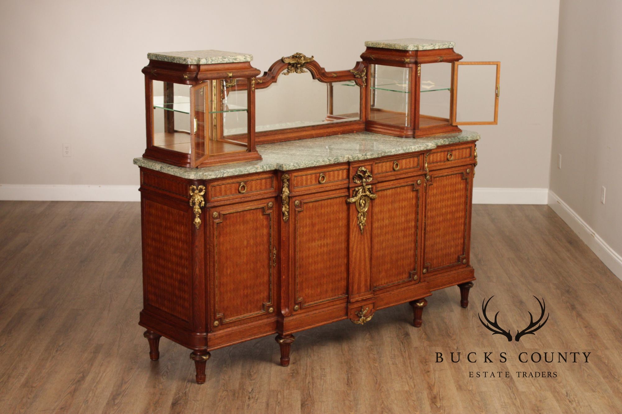 Antique French Louis XVI Style Inlaid Marble Top Sideboard