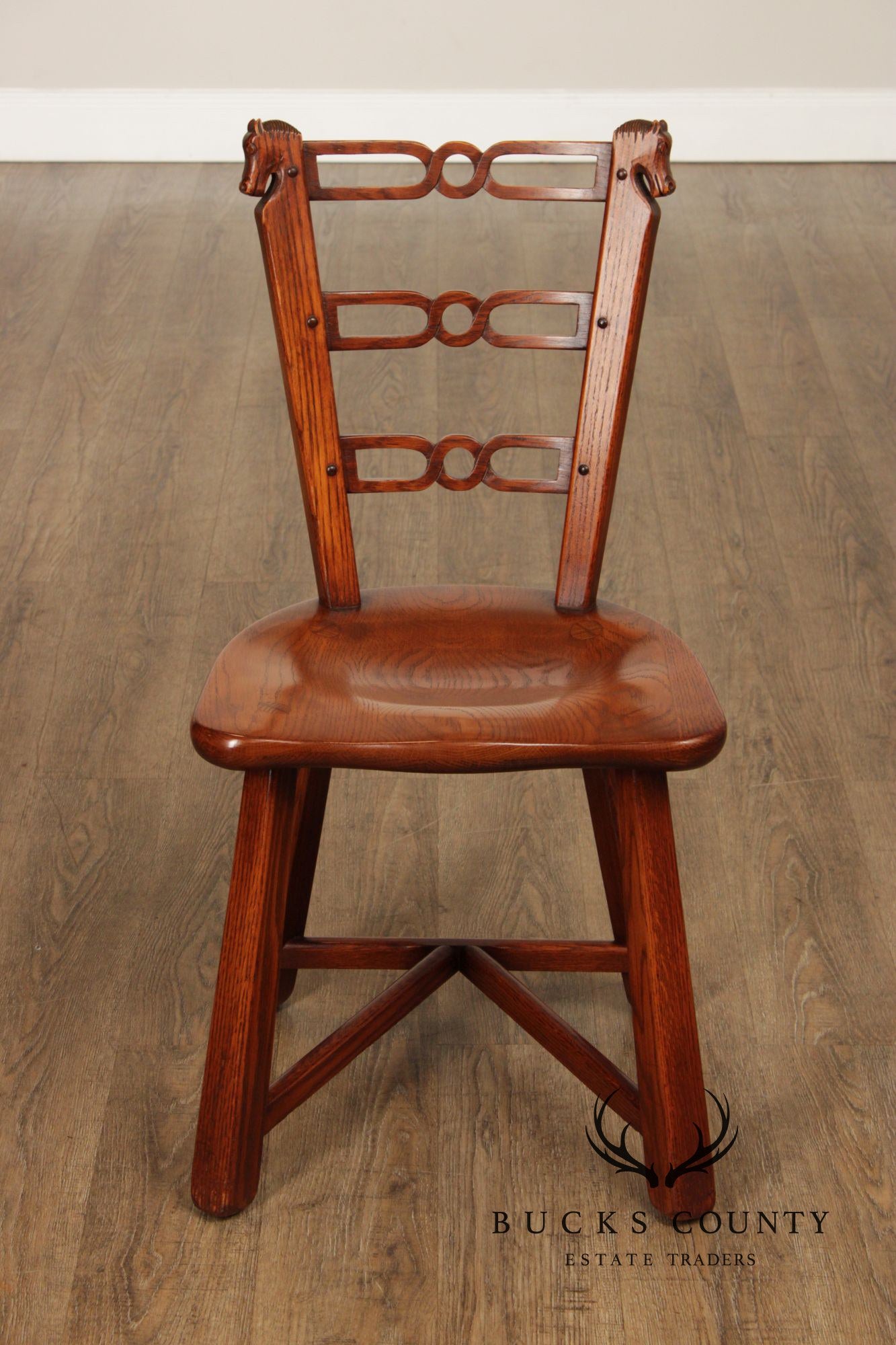 Romweber Set of Six Horse Carved Oak Dining Chairs