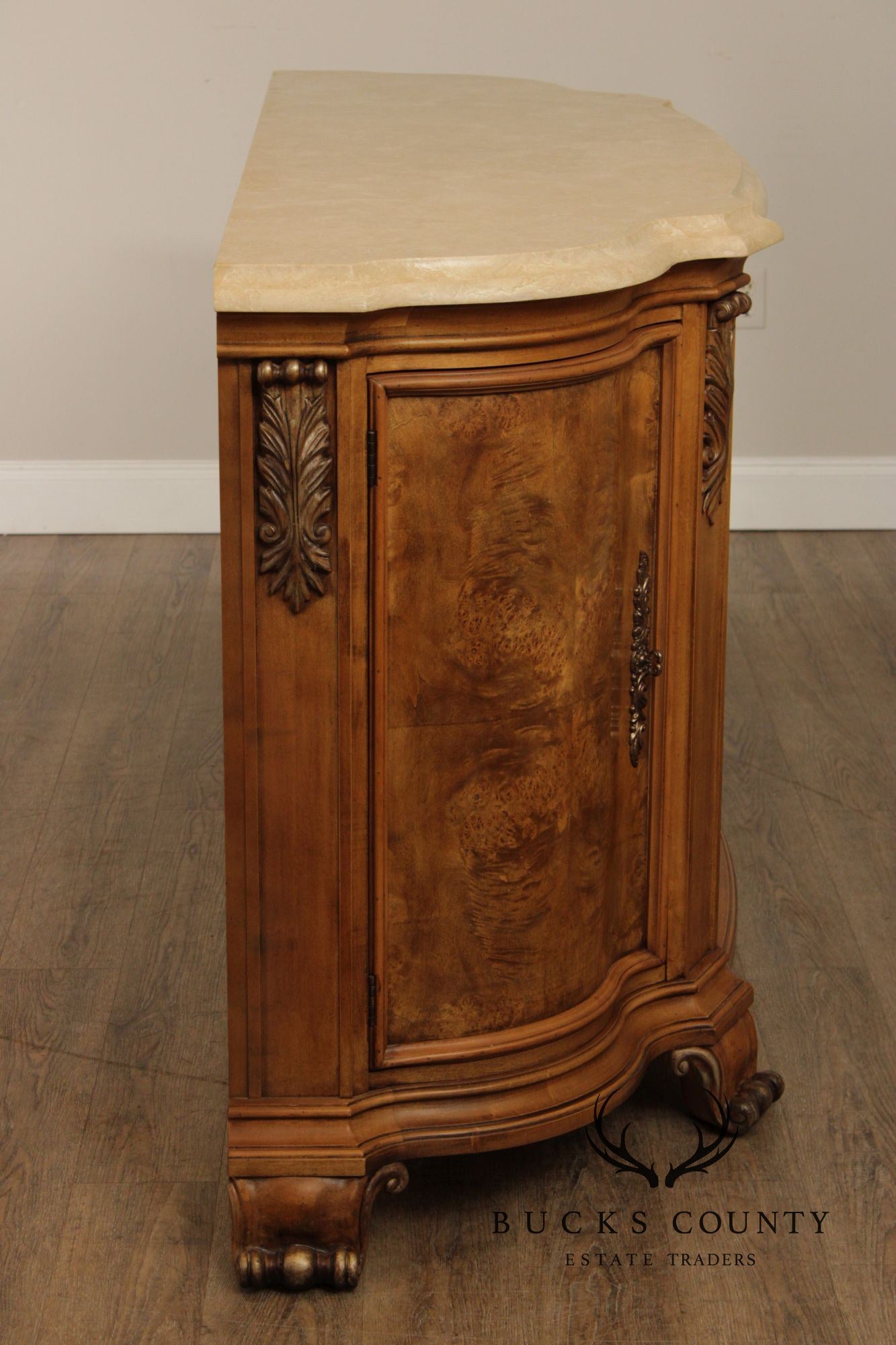 Henredon Burl Wood Marble Top Sideboard Buffet Cabinet