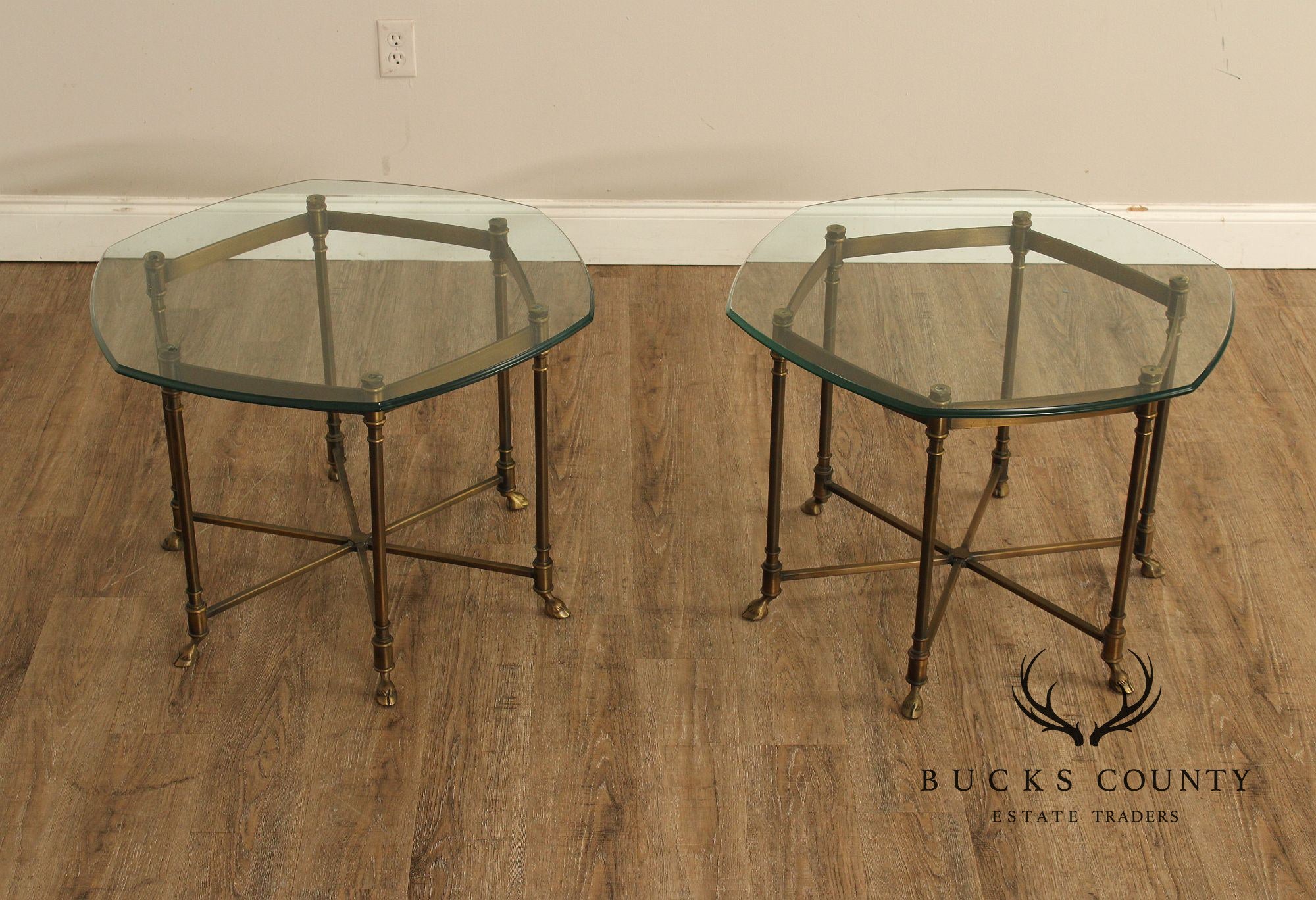 Hollywood Regency Vintage Italian Pair of Glass Top Brass Side Tables