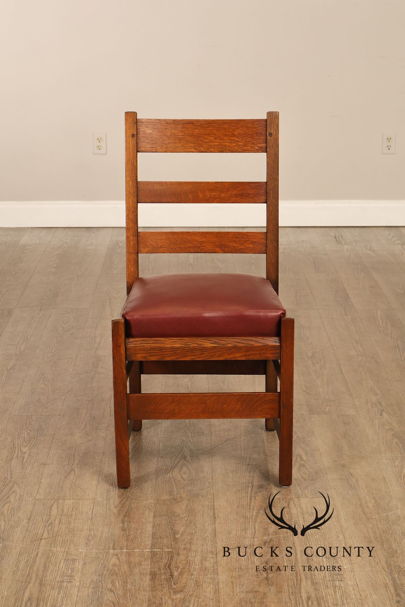 Antique L. & J. G. Stickley Set Of Four Oak Ladder Back Dining Chairs #800