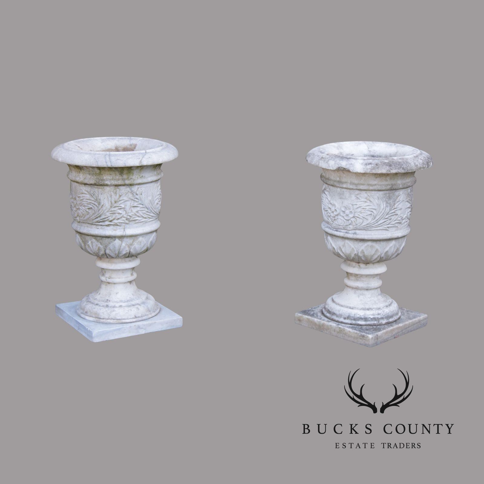 Vintage Pair Of Carved Marble Garden Urns