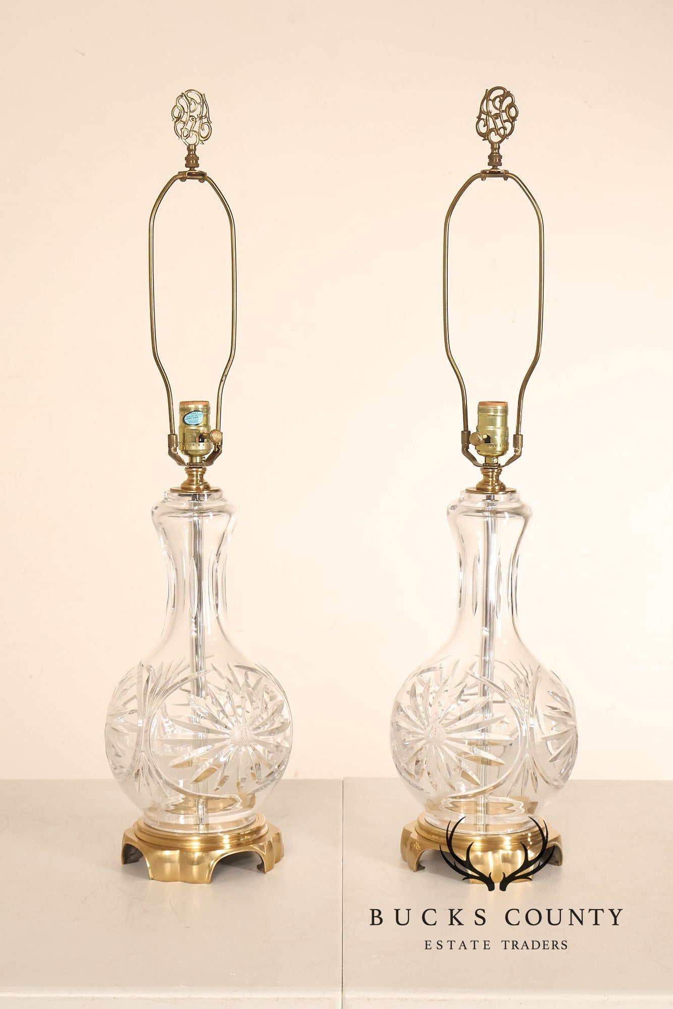 Pair Of Victorian Style Starburst Cut Crystal And Brass Table Lamps