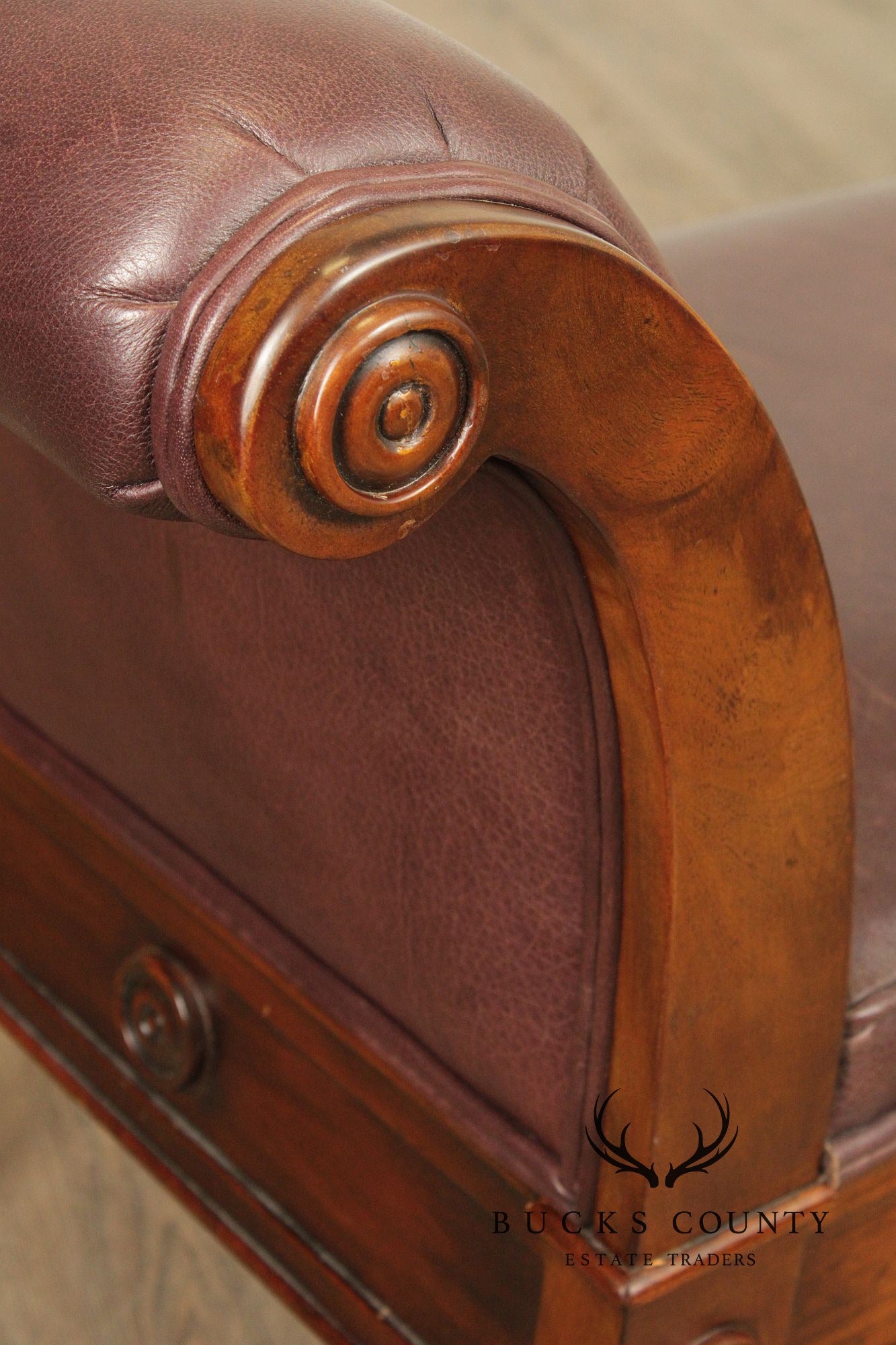 Theodore Alexander Carved Mahogany and Leather Window Bench