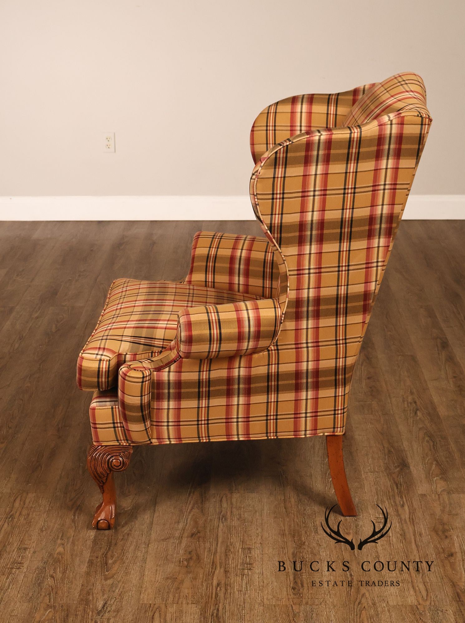 Ethan Allen Chippendale Style Plaid Upholstered Wing Chair