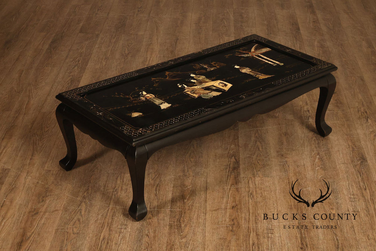 Asian Inspired Black Lacquer Coffee Table With Figural Inlay