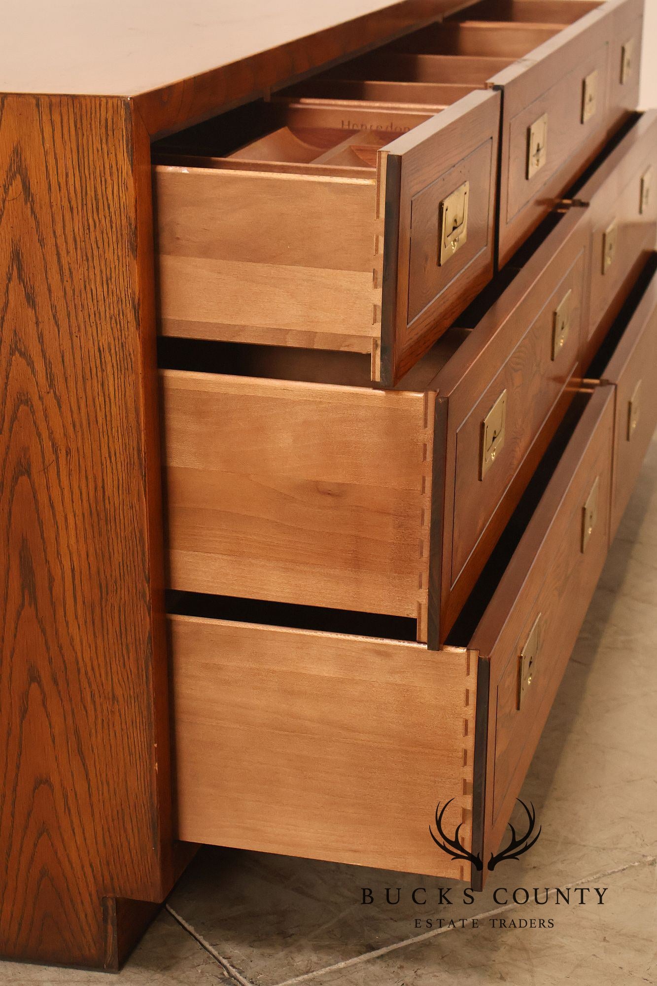Henredon Campaign Style Oak Seven Drawer Dresser