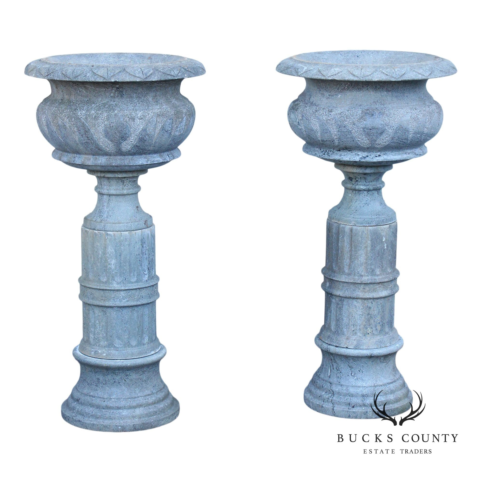 Vintage Pair Of Carved Granite Three Piece Garden Urns On Pedestals