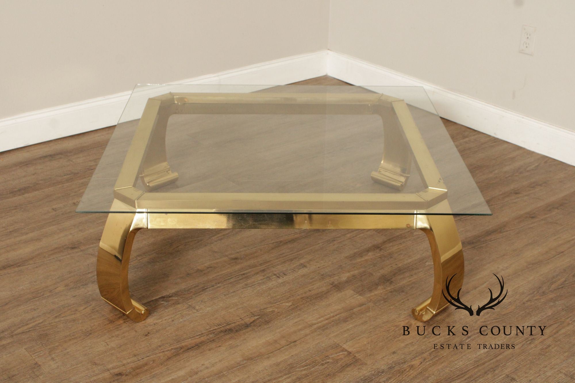 Mastercraft Attributed Hollywood Regency Asian Inspired Brass and Glass Coffee Table