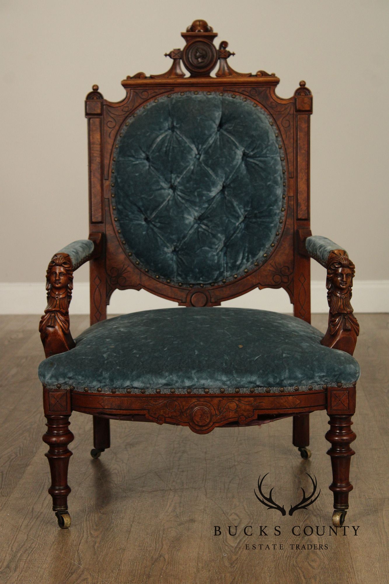 Antique Renaissance Revival Figural Carved Walnut Armchair