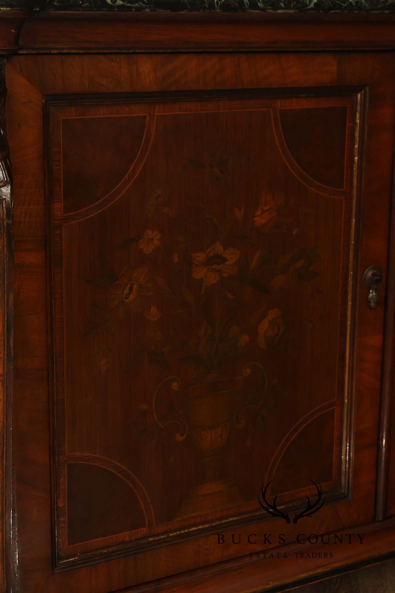 Antique Marble Top Mahogany Inlaid Figural Carved Buffet Sideboard