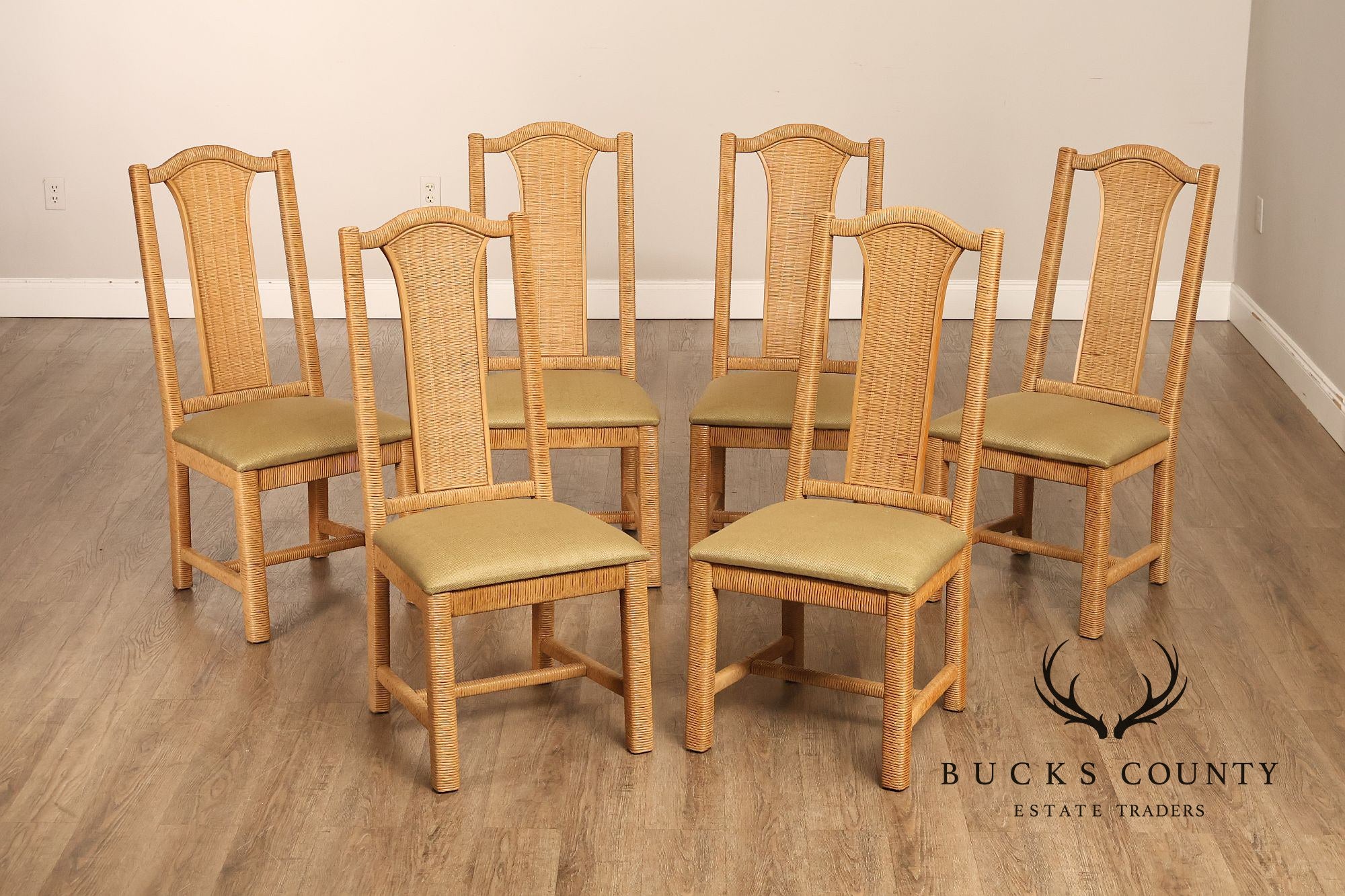 Vintage Wicker Set Of Six Dining Chairs With Upholstered Seats