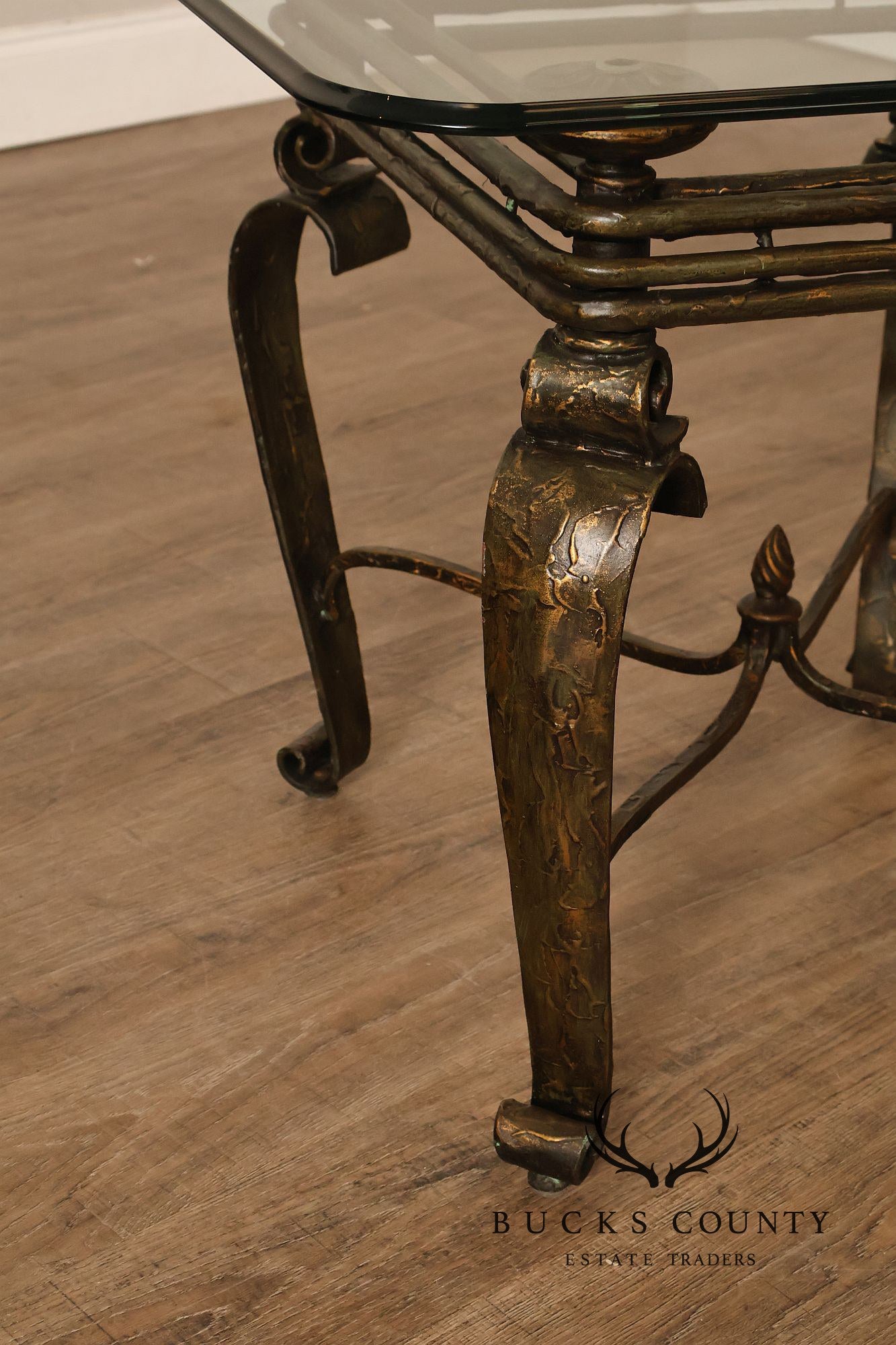 Neoclassical Revival Glass Top Metal Accent Table