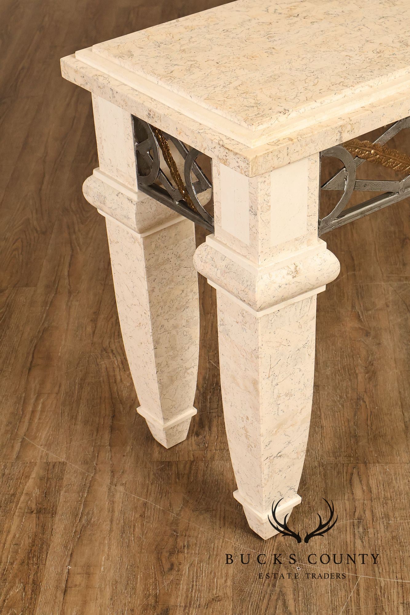 Neoclassical Style Travertine Console Table With Metal Stretcher