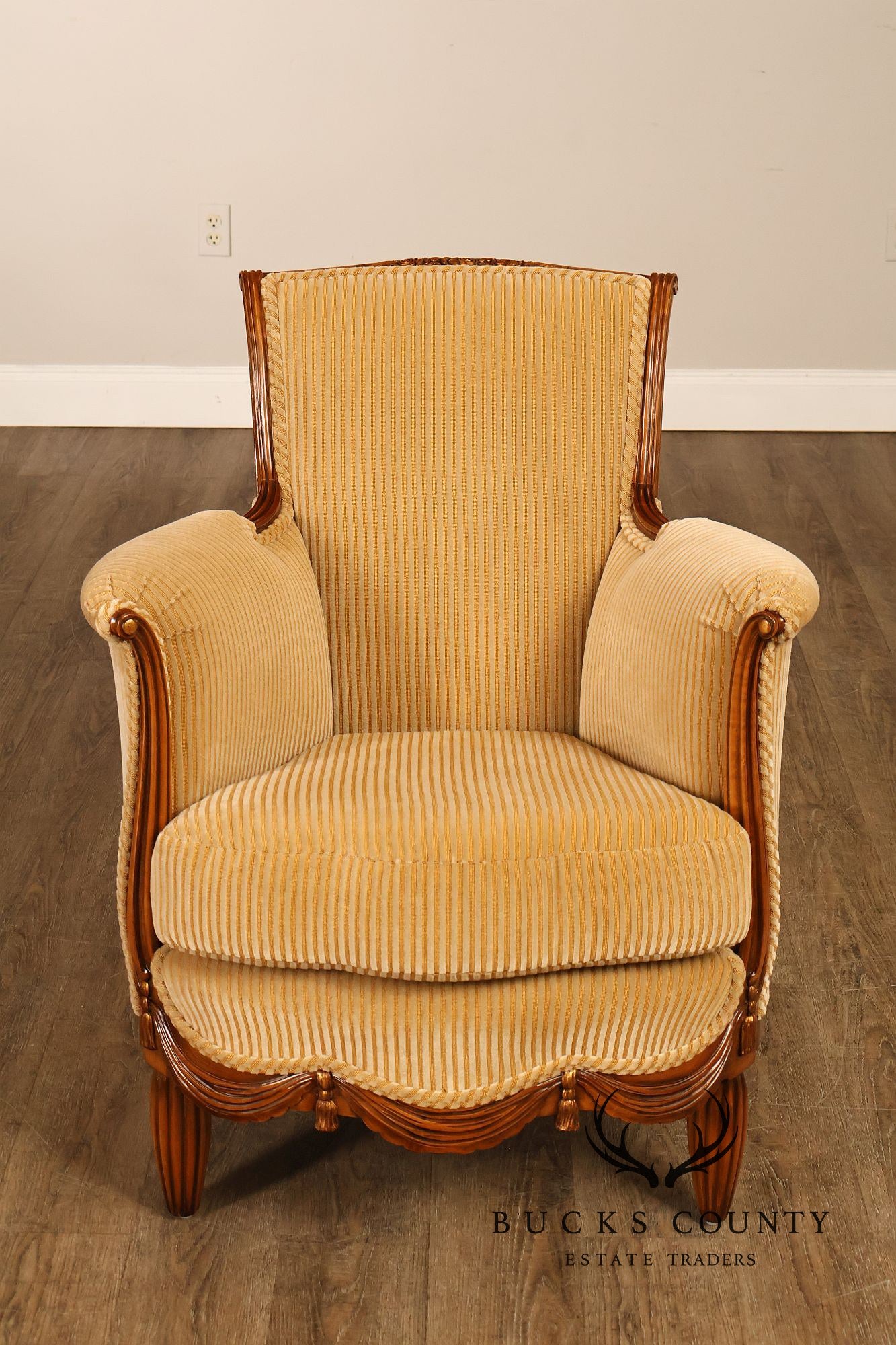 Medea Furniture Pair of Louis XVI Style Carved Bergere Armchairs With Gold Striped Velvet Upholstery