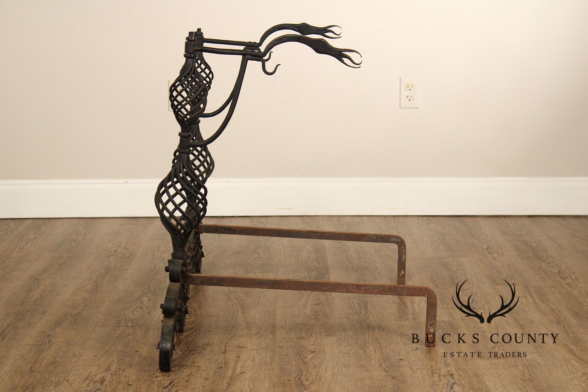 Arts & Crafts Pair of Scrolling Wrought Iron Andirons