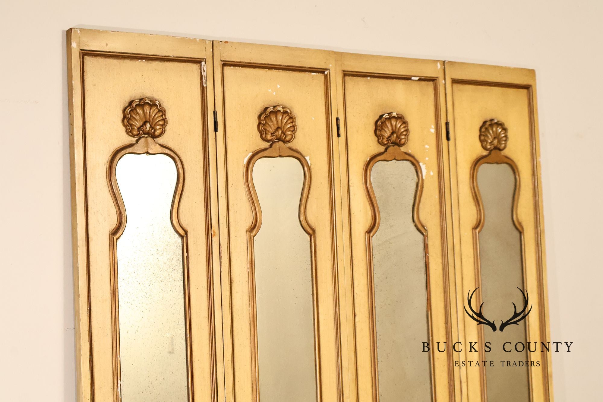 Vintage Rococo Style Painted & Mirrored Four-Panel Folding Screen