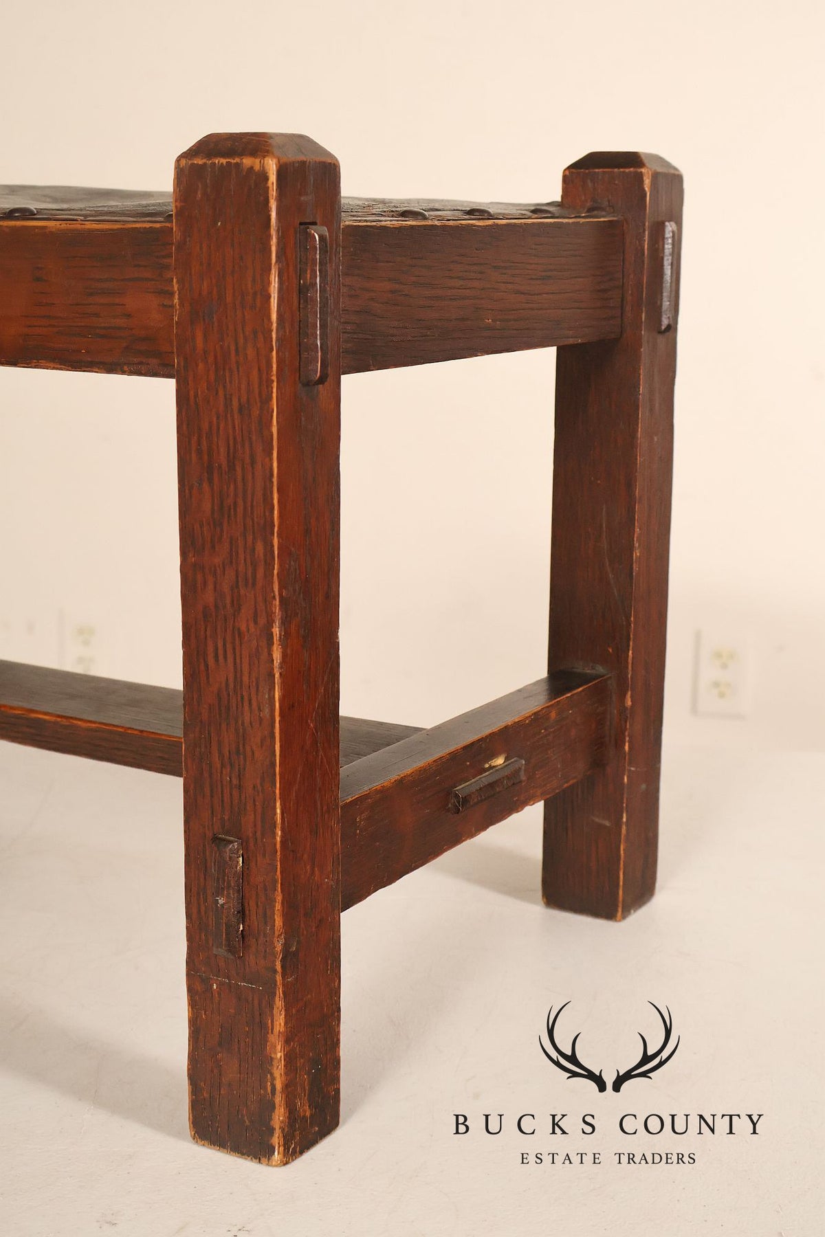Arts And Crafts Oak Footstool With Leather Upholstered Seat