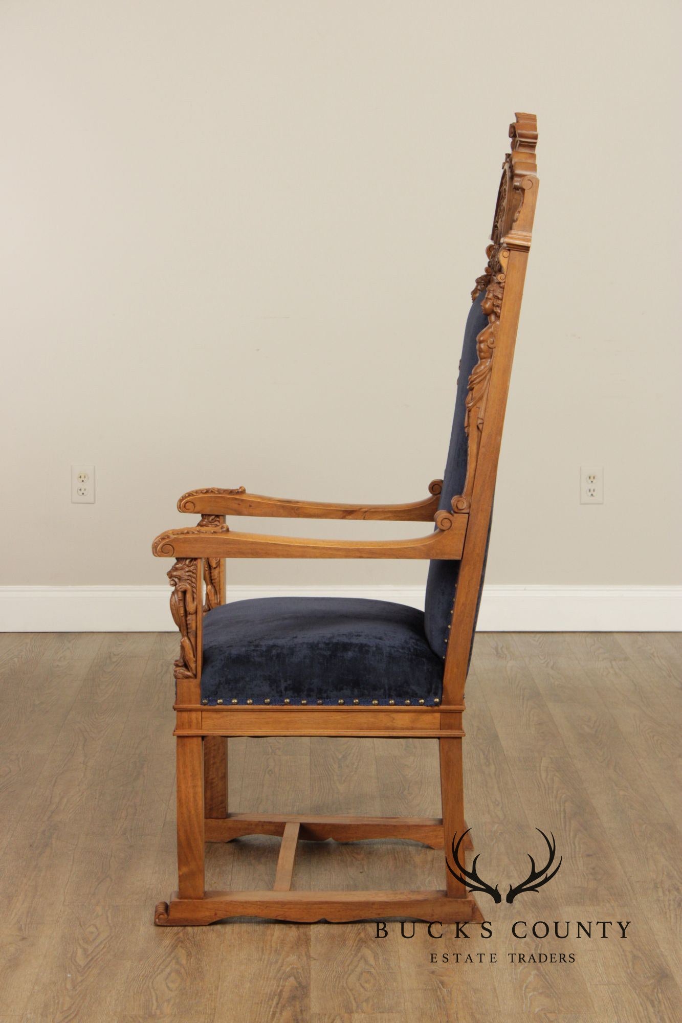 Antique Carved Walnut Renaissance Revival Style Throne Armchair