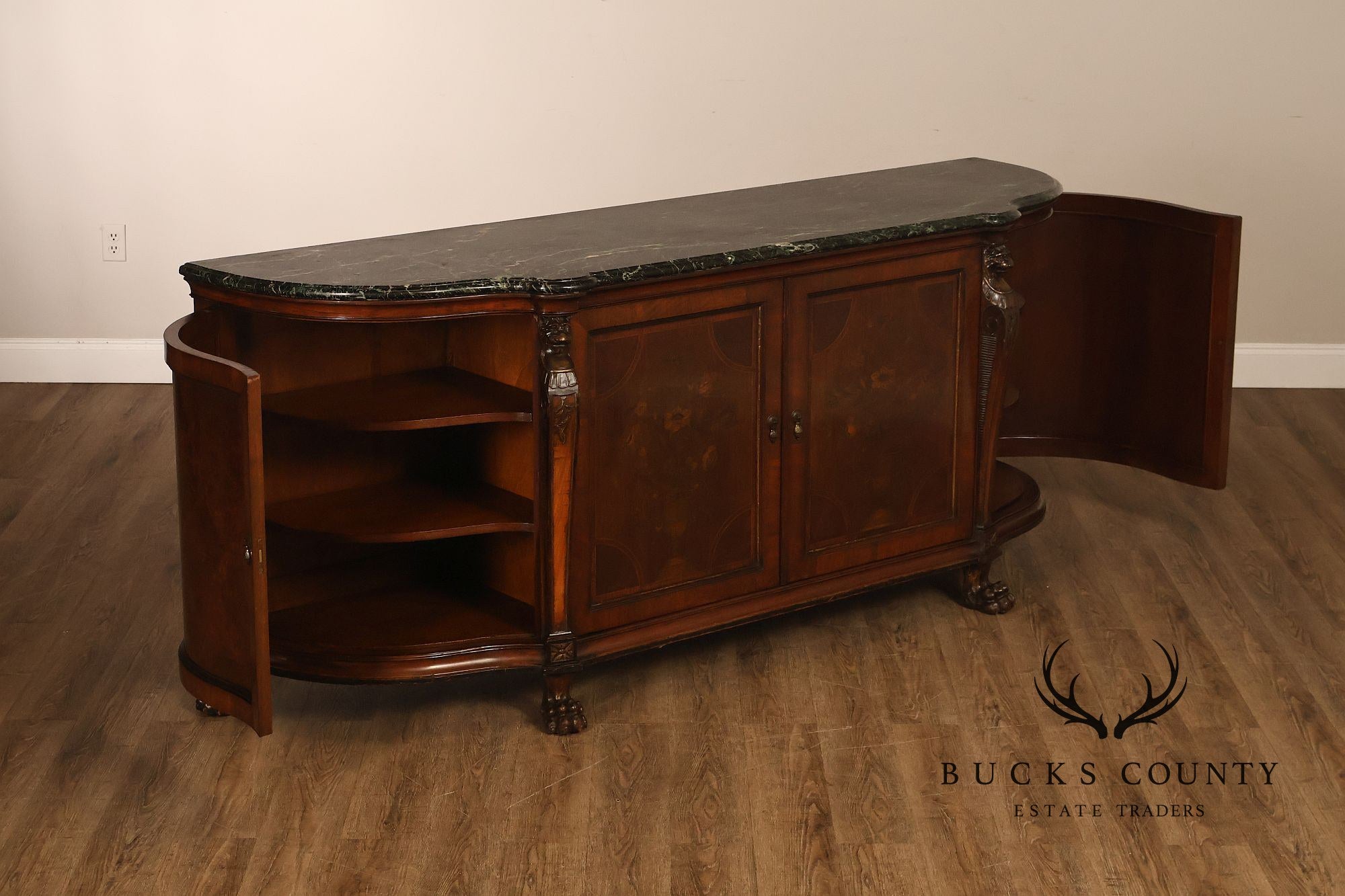 Antique Marble Top Mahogany Inlaid Figural Carved Buffet Sideboard