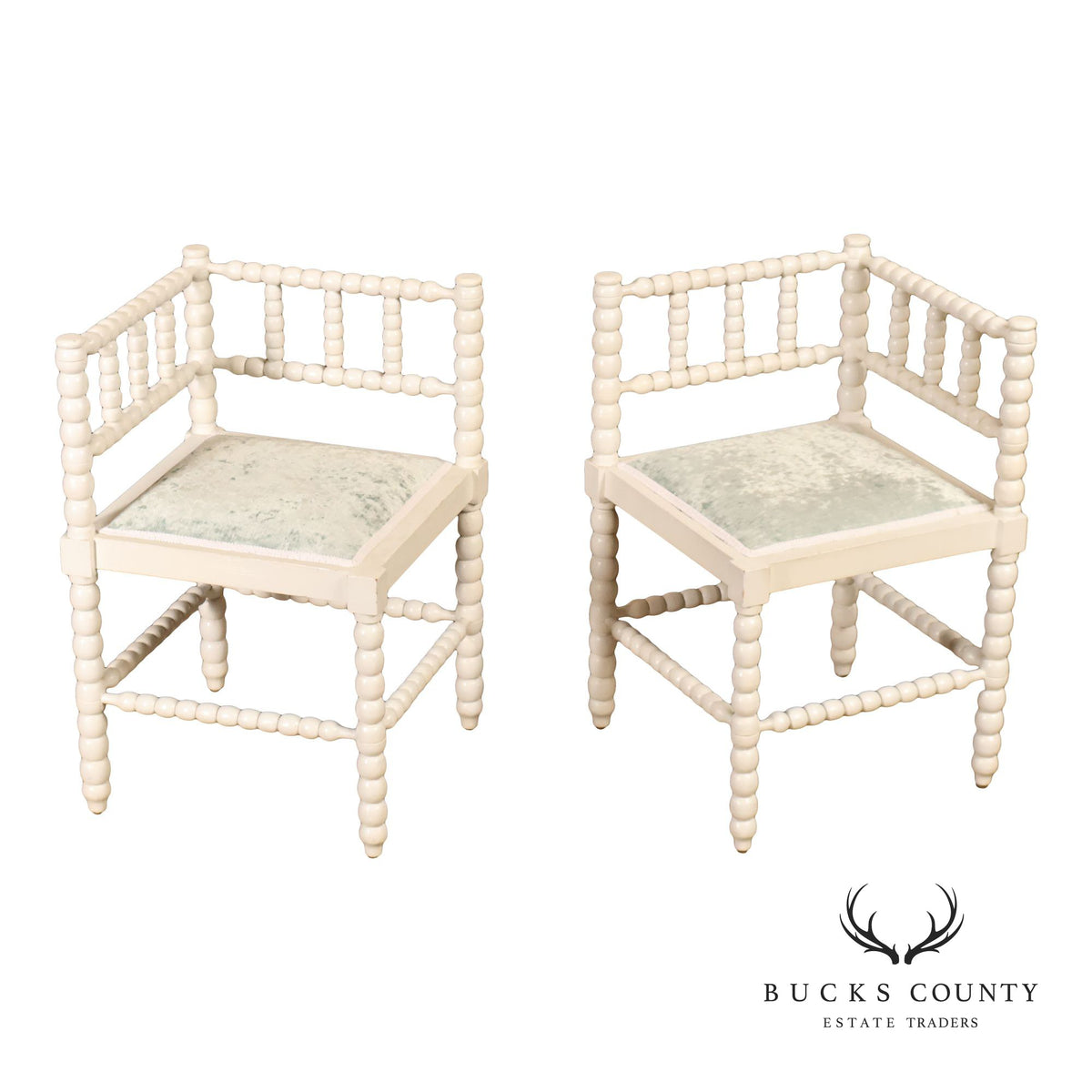 Vintage Pair of White Painted Bobbin Turned Corner Chairs