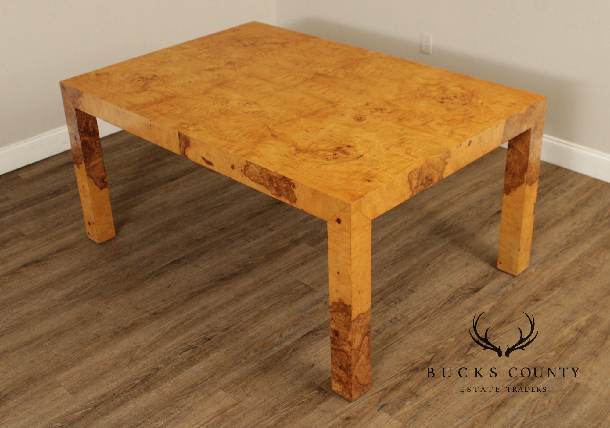 Mid-Century Modern Burlwood Parsons Extension Dining Table with 2 Leaves