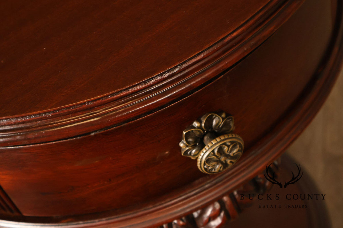 Carved Mahogany Pair Of Round Pedestal End Tables With A Drawer