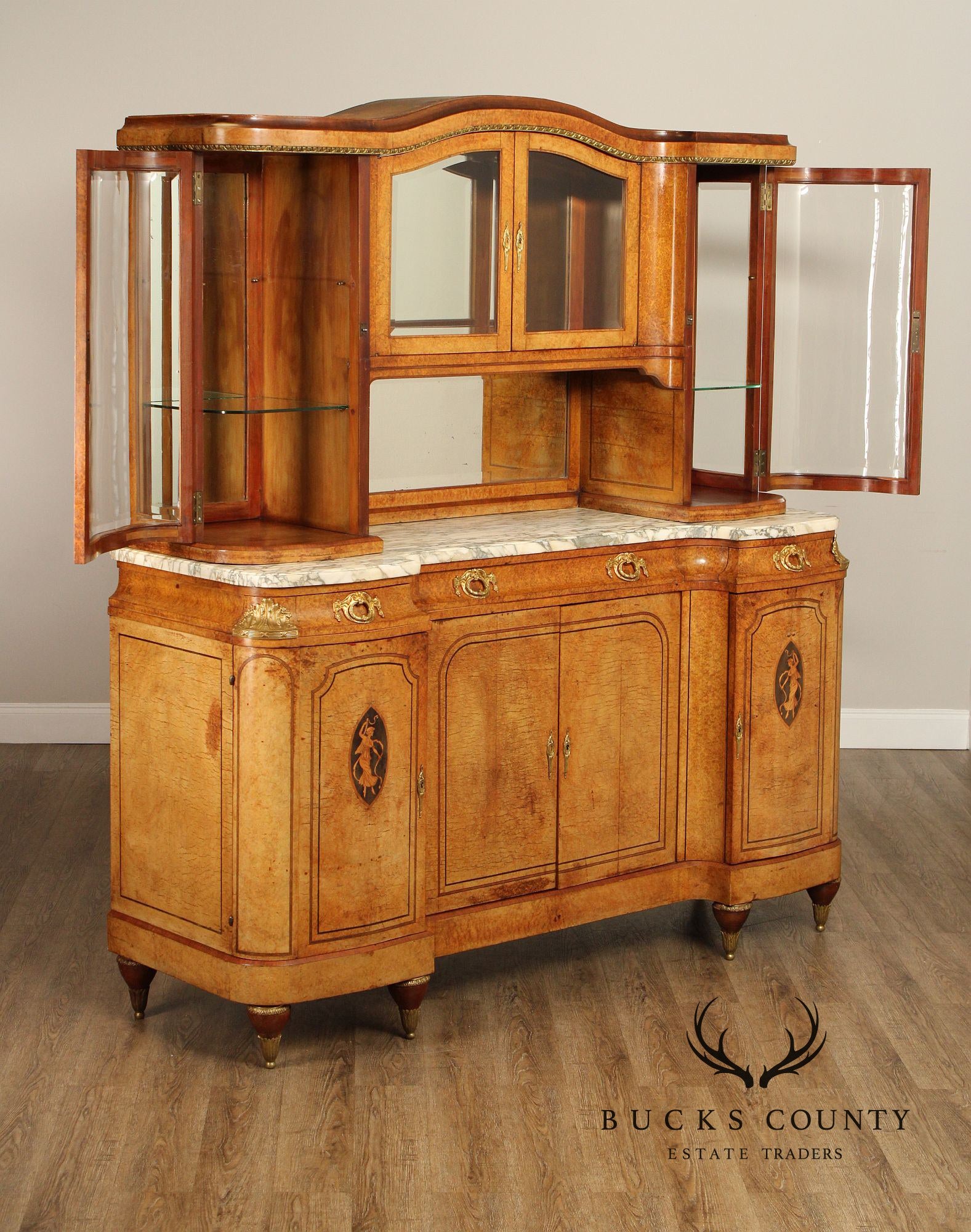 Antique French Louis XVI Style Burl Walnut Marble Top Buffet Hutch